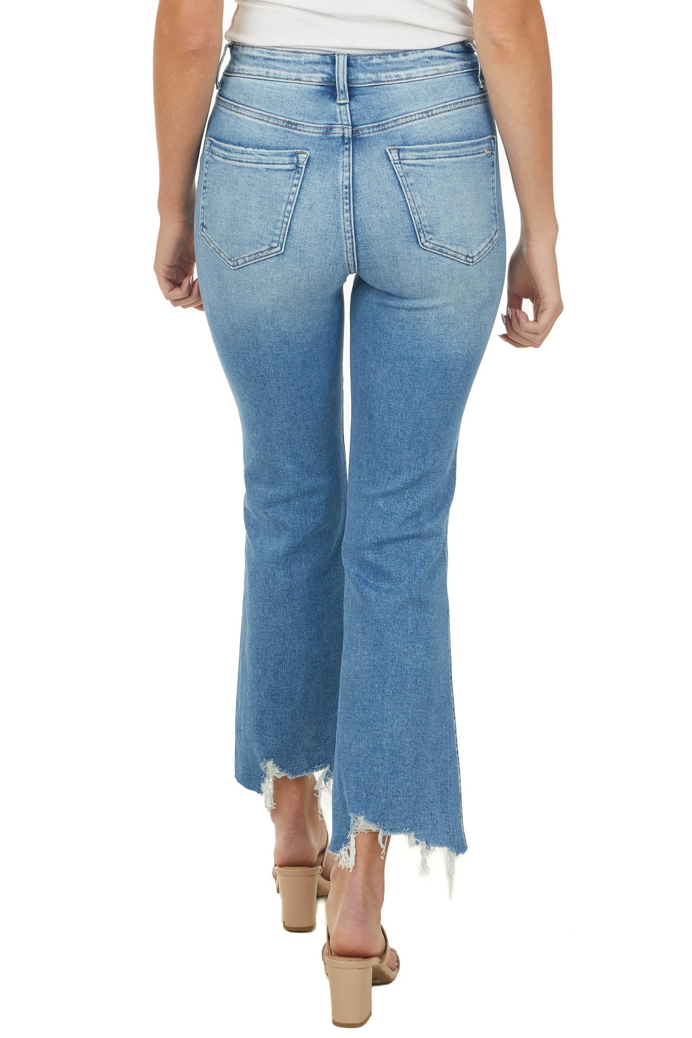 Medium Wash High Rise Flare Raw Hem Denim Jeans