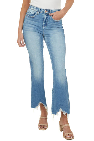 Medium Wash High Rise Flare Raw Hem Denim Jeans