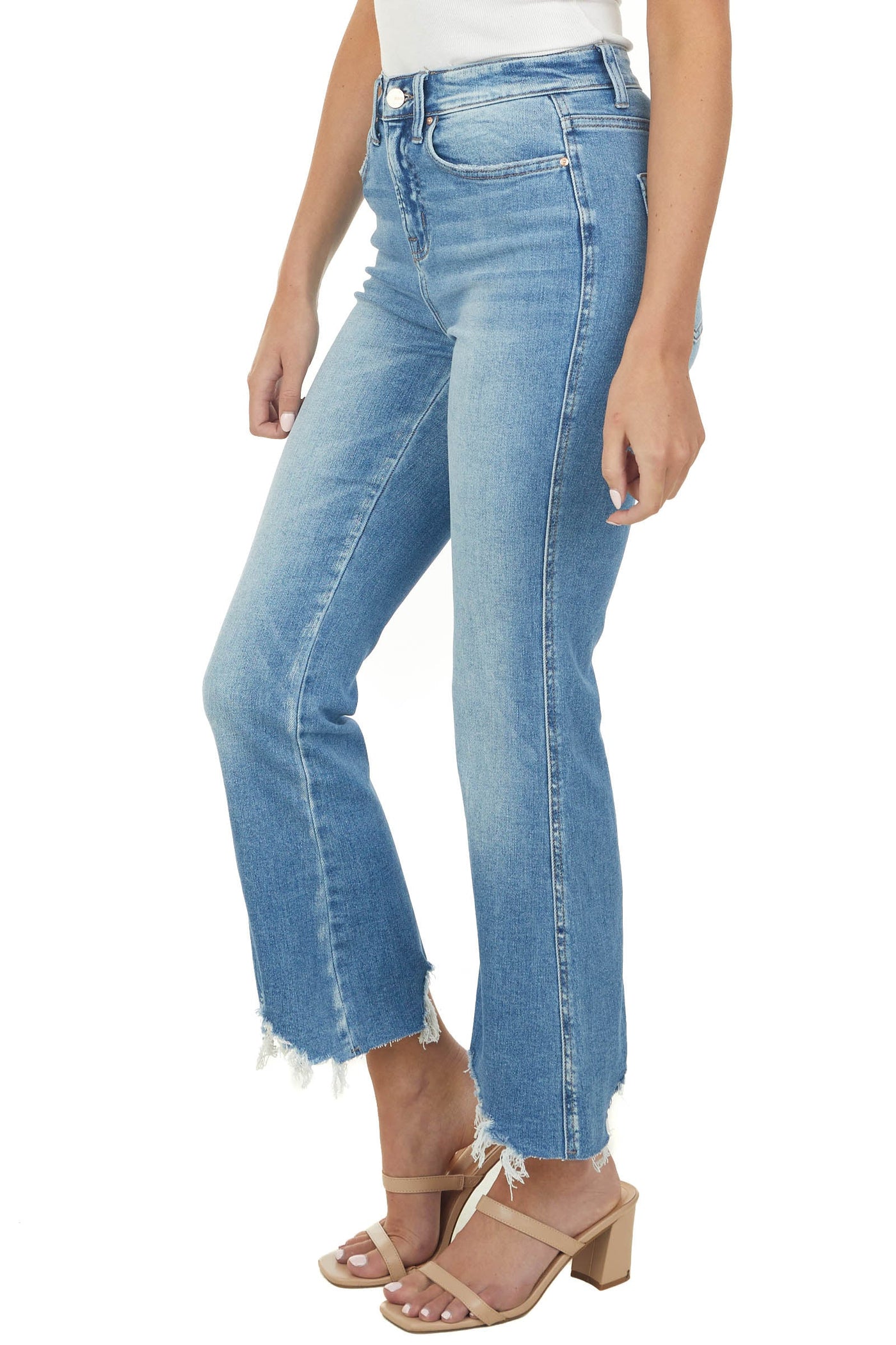 Medium Wash High Rise Flare Raw Hem Denim Jeans