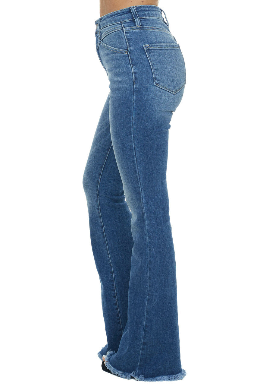 Medium Wash High Rise Frayed Hem Flare Jeans