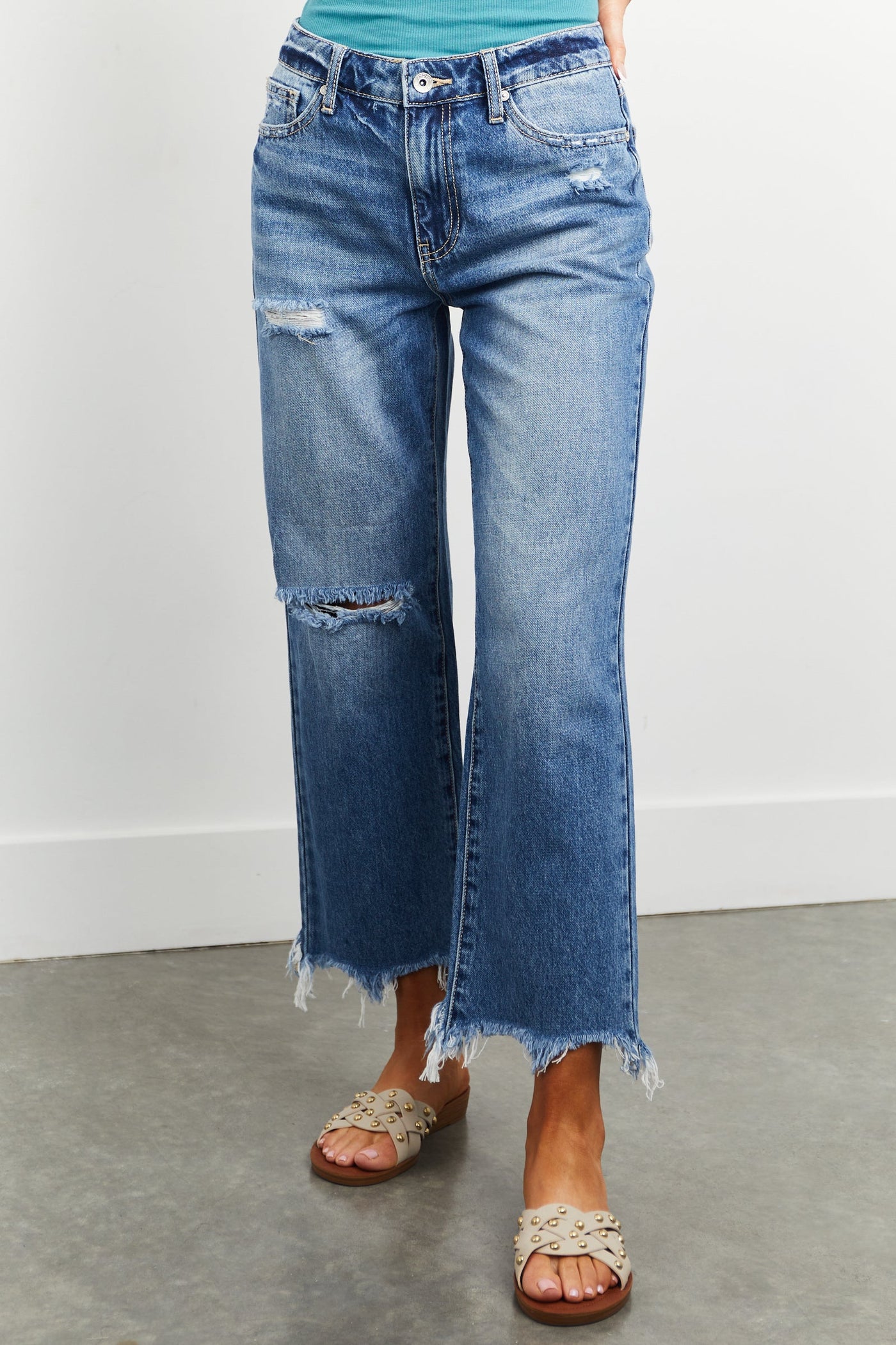 Medium Wash High Rise Frayed Hem Mom Jeans