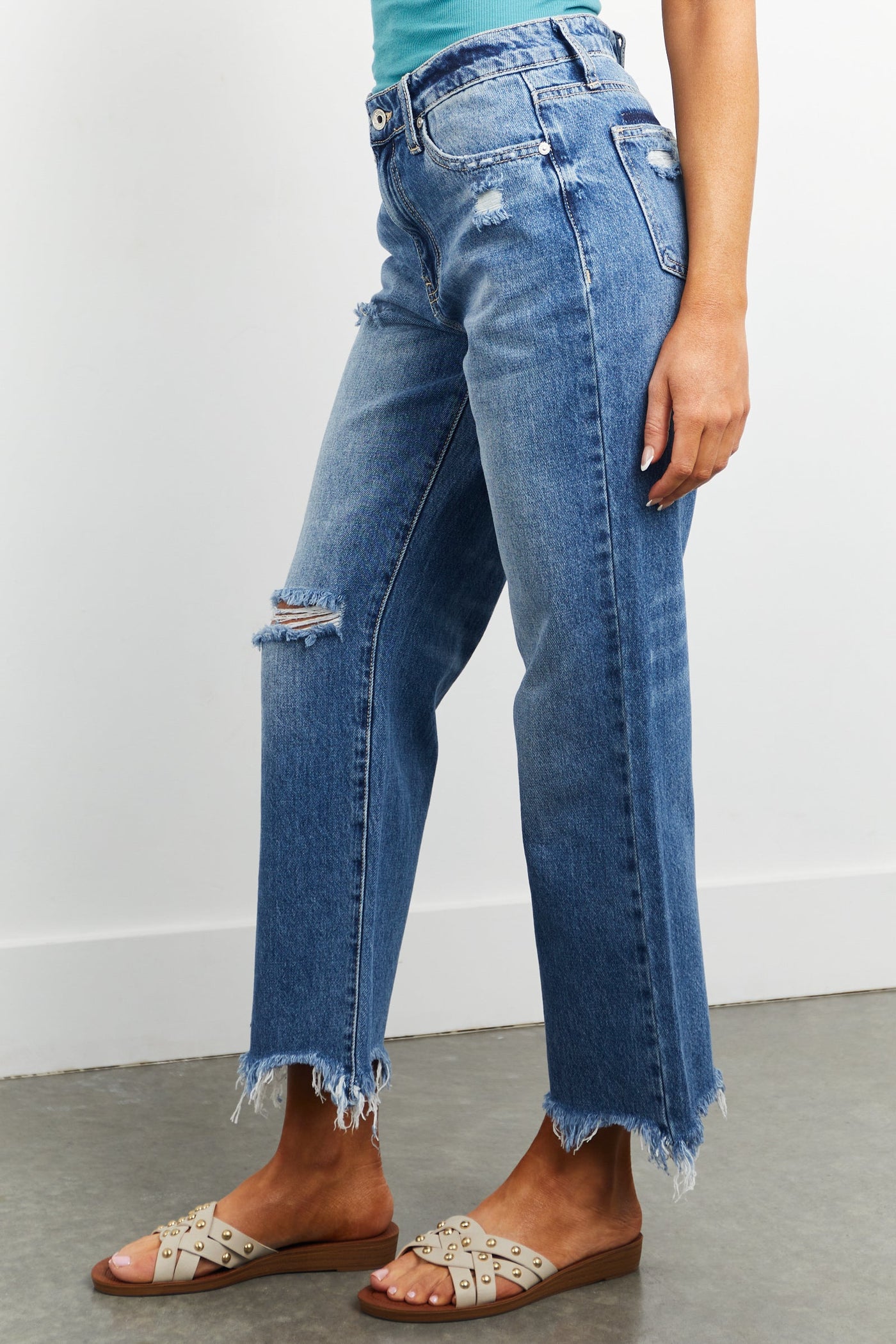 Medium Wash High Rise Frayed Hem Mom Jeans