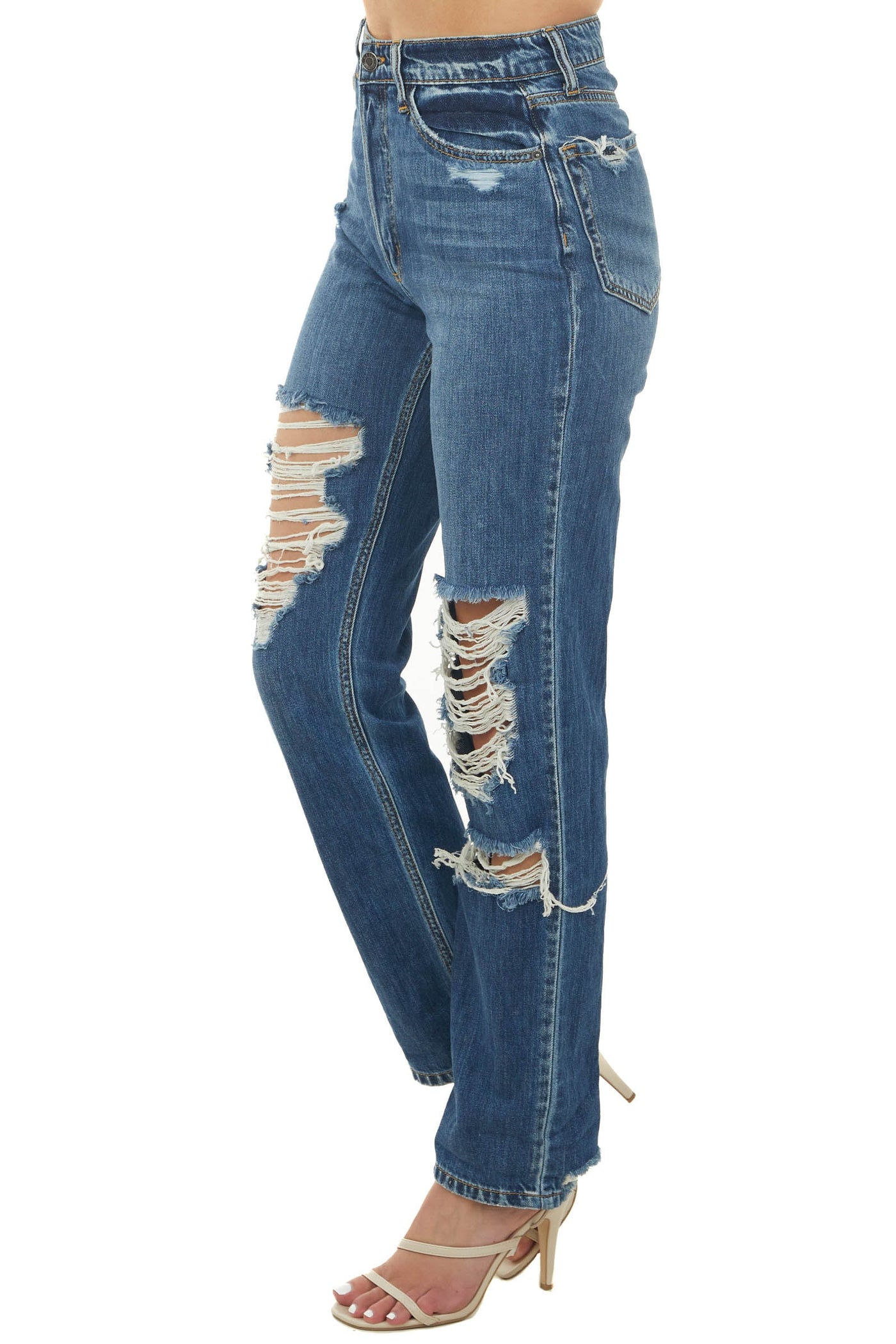 Medium Wash High Rise Heavily Distressed Jeans