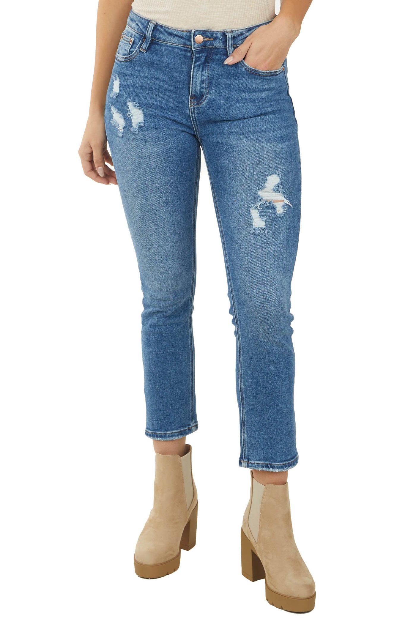 Medium Wash High Rise Lightly Distressed Jeans