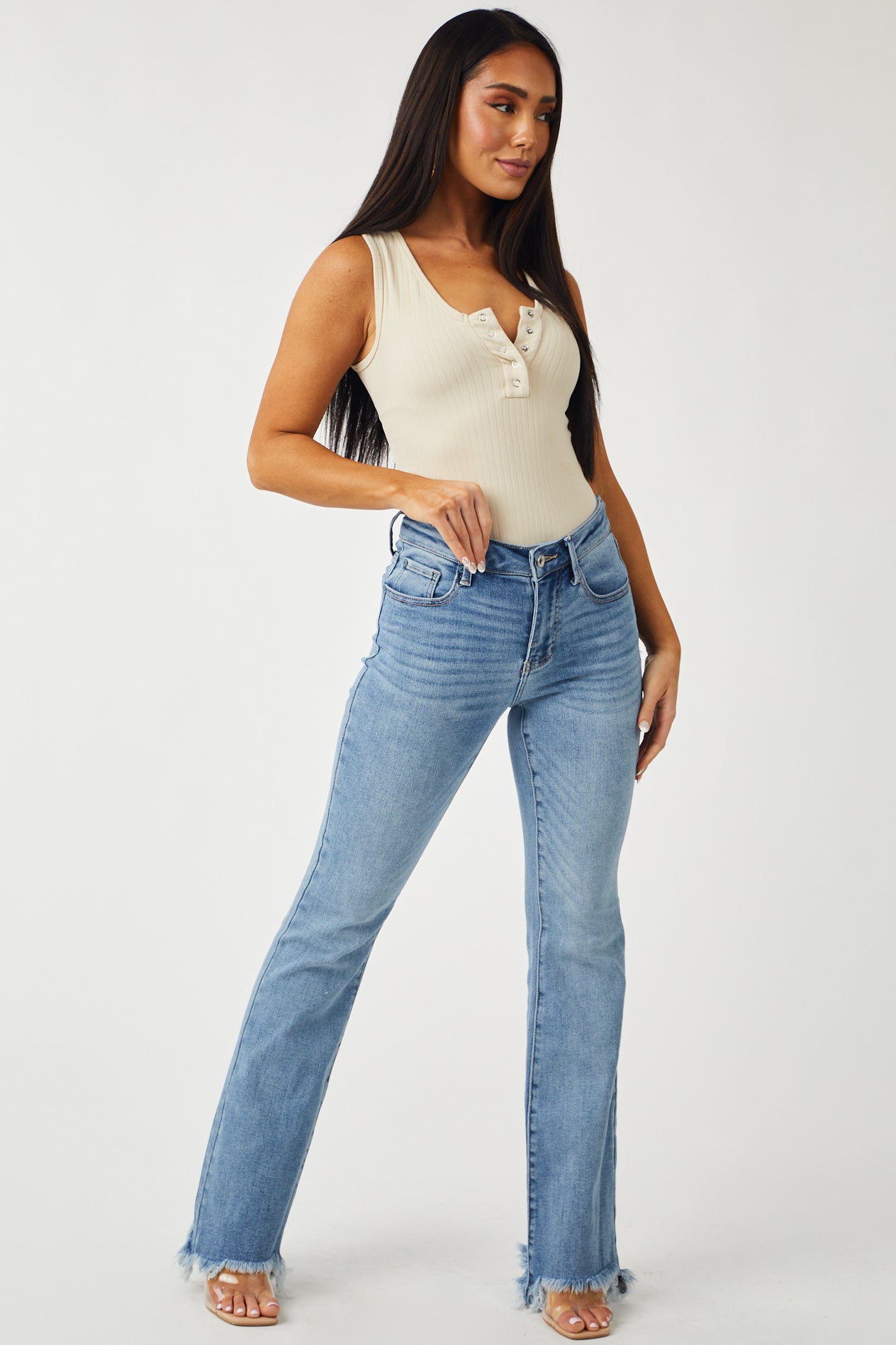 Medium Wash High Rise Raw Hem Bootleg Jeans