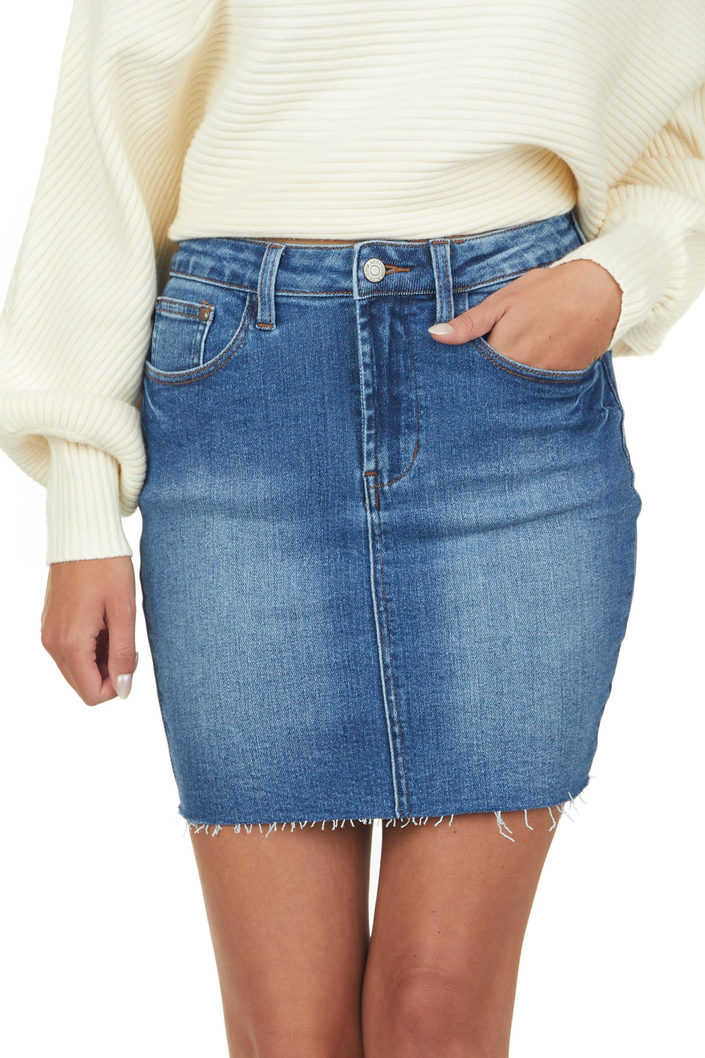 Medium Wash High Rise Raw Hem Denim Mini Skirt