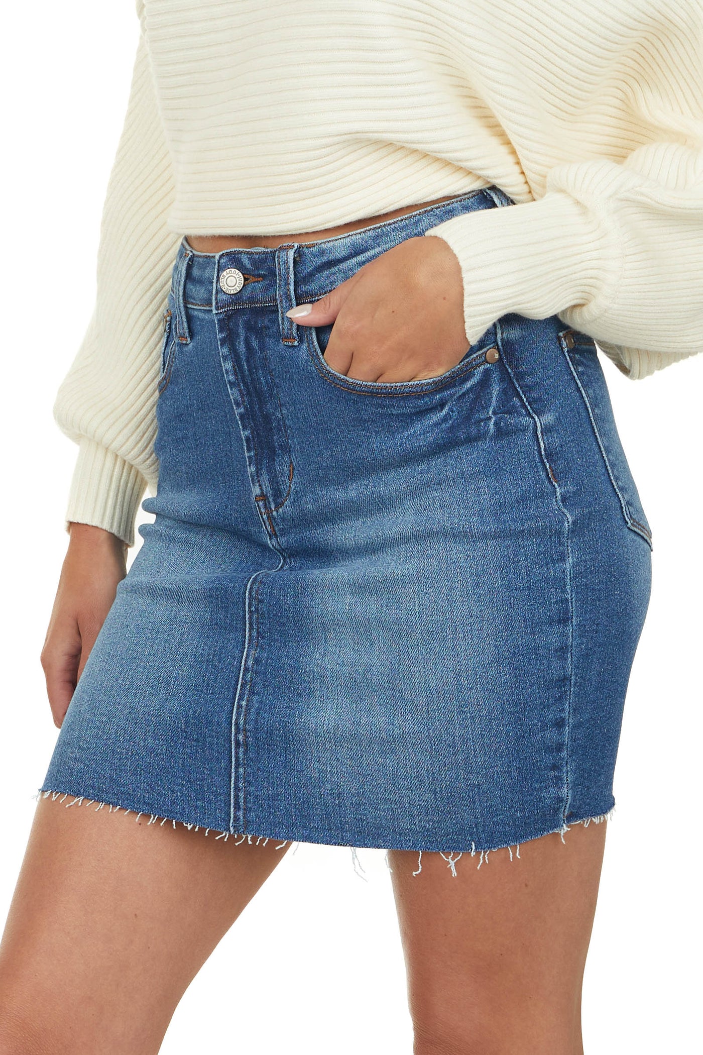 Medium Wash High Rise Raw Hem Denim Mini Skirt