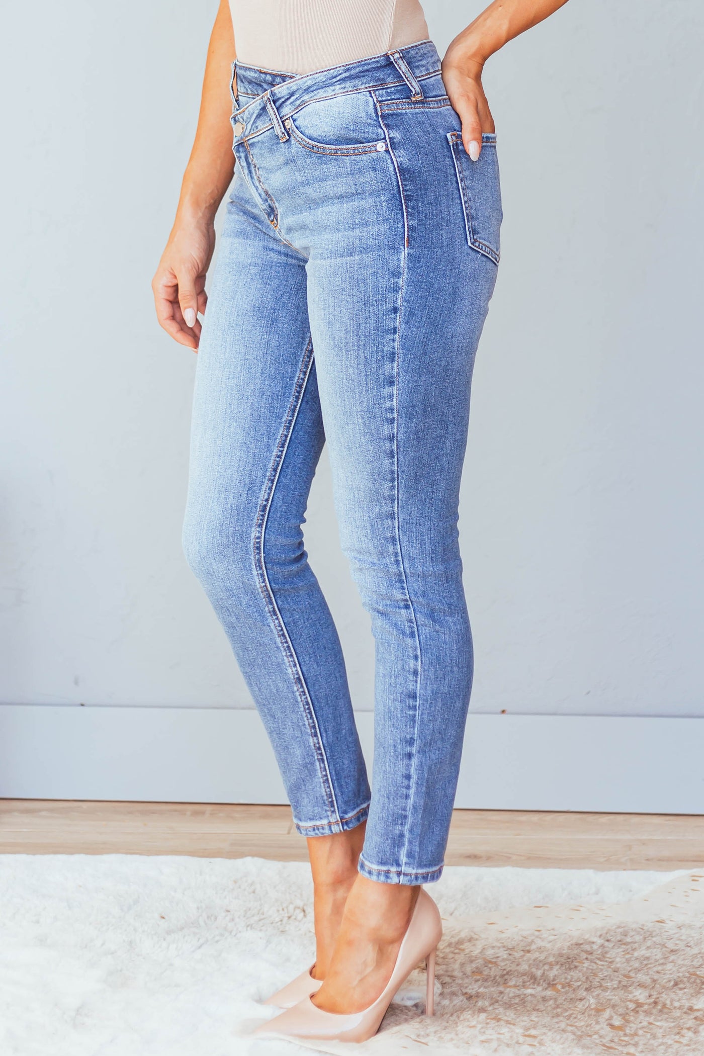 Medium Wash High Rise Skinny Jeans with Crossover Fly