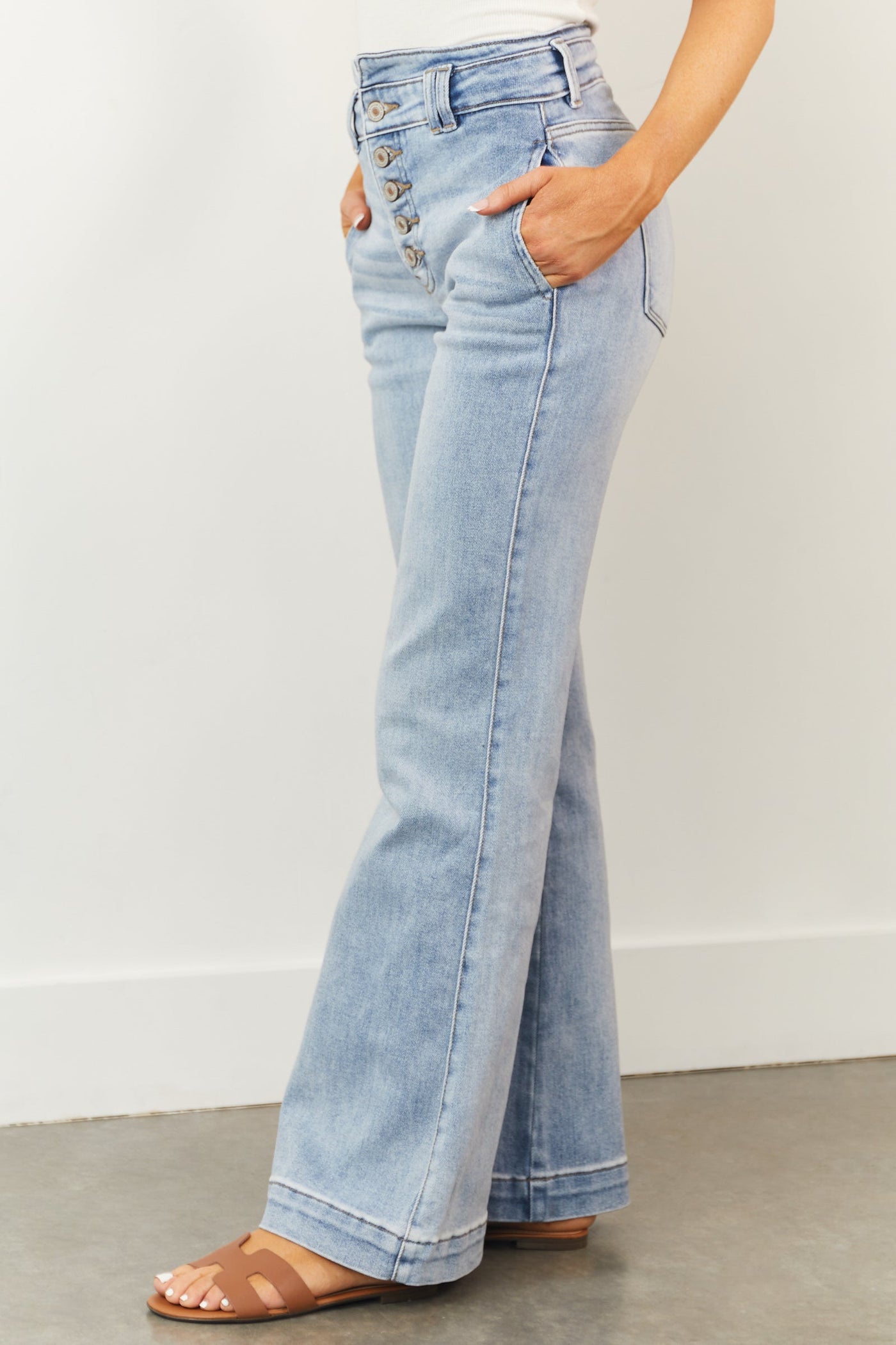 Medium Wash High Rise Slim Flare Button Fly Jeans