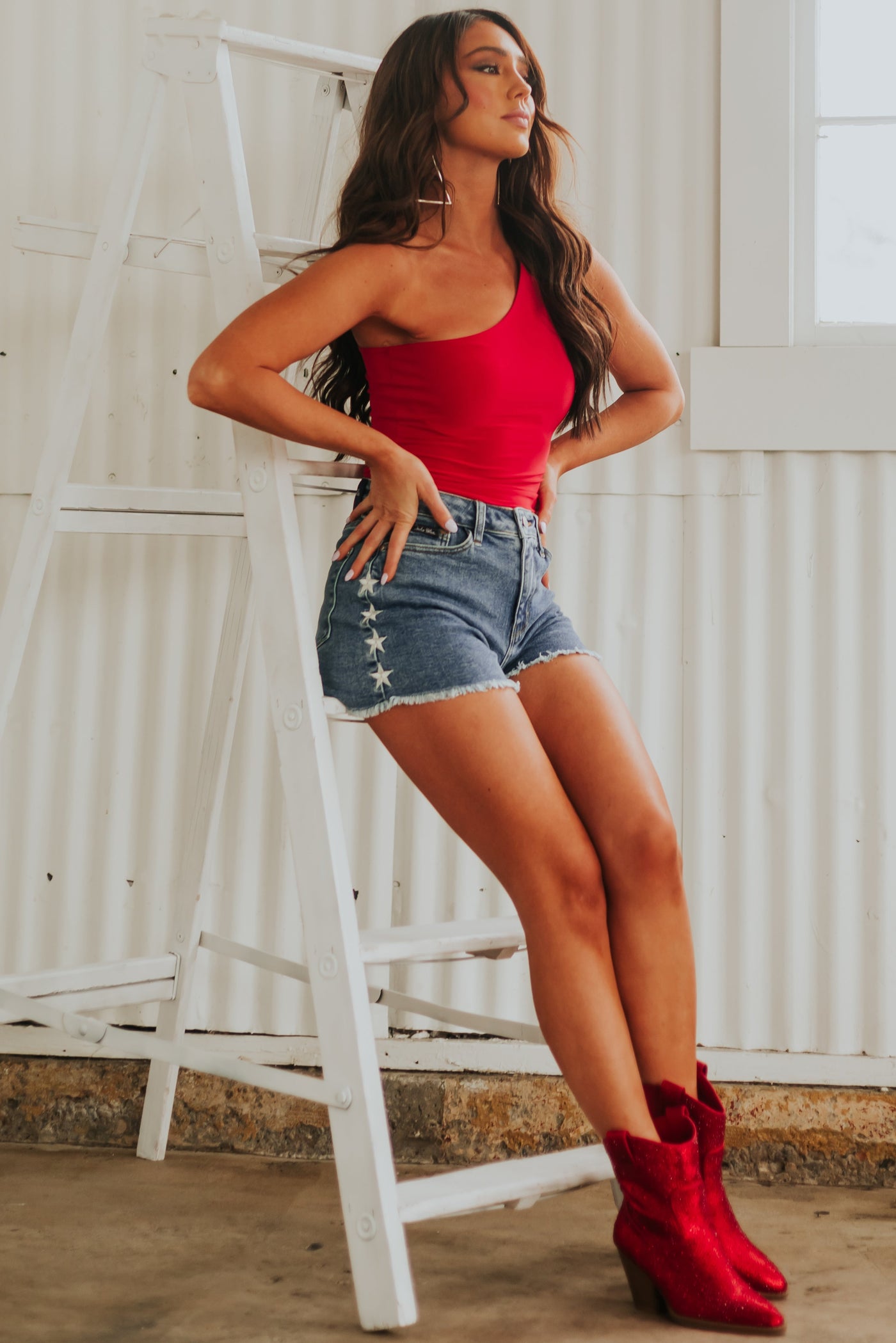 Medium Wash High Rise Star Embroidered Shorts