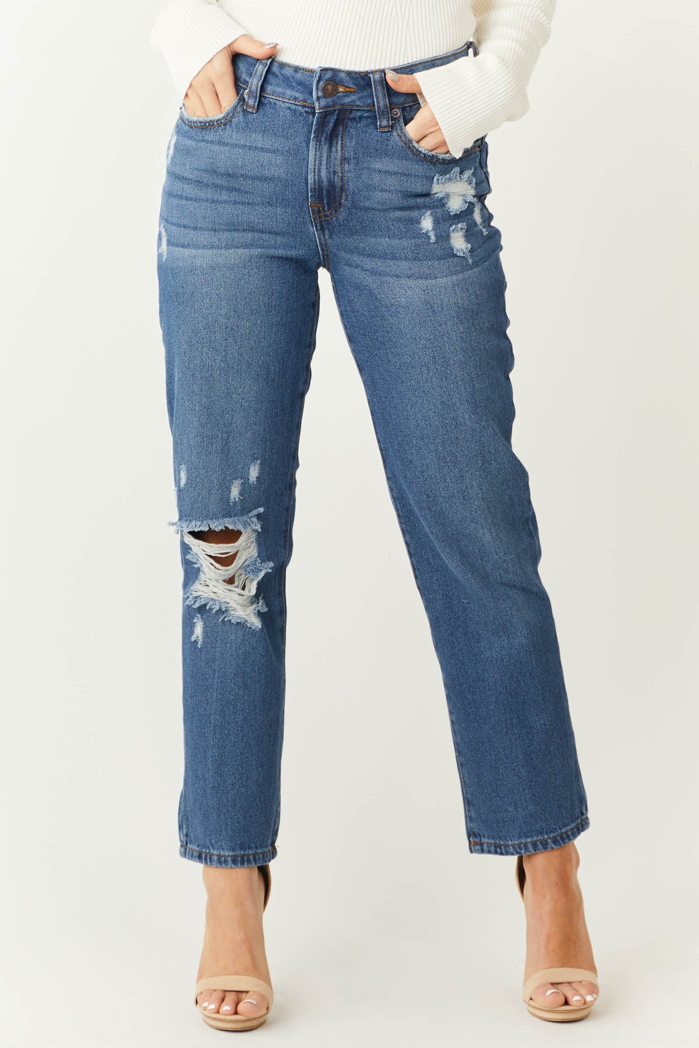 Medium Wash High Rise Straight Ankle Jeans