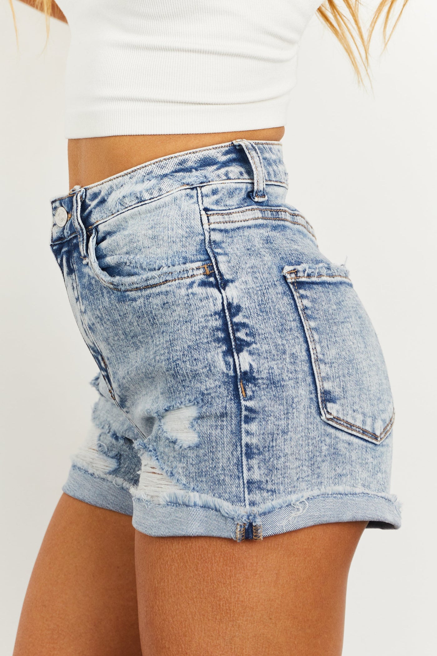 Medium Wash High Rise Stretchy Denim Shorts