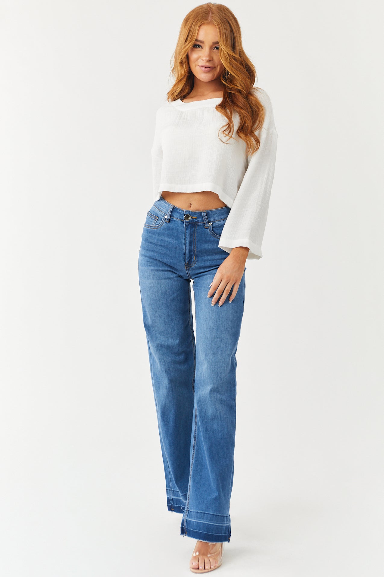 Medium Wash High Rise Stretchy Wide Leg Jeans