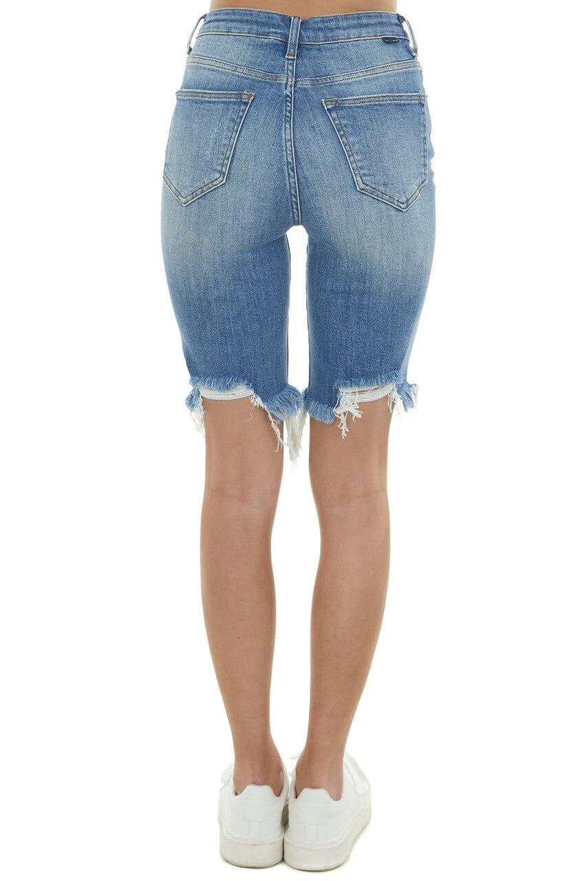 Medium Wash High Rise Torn Bermuda Shorts 