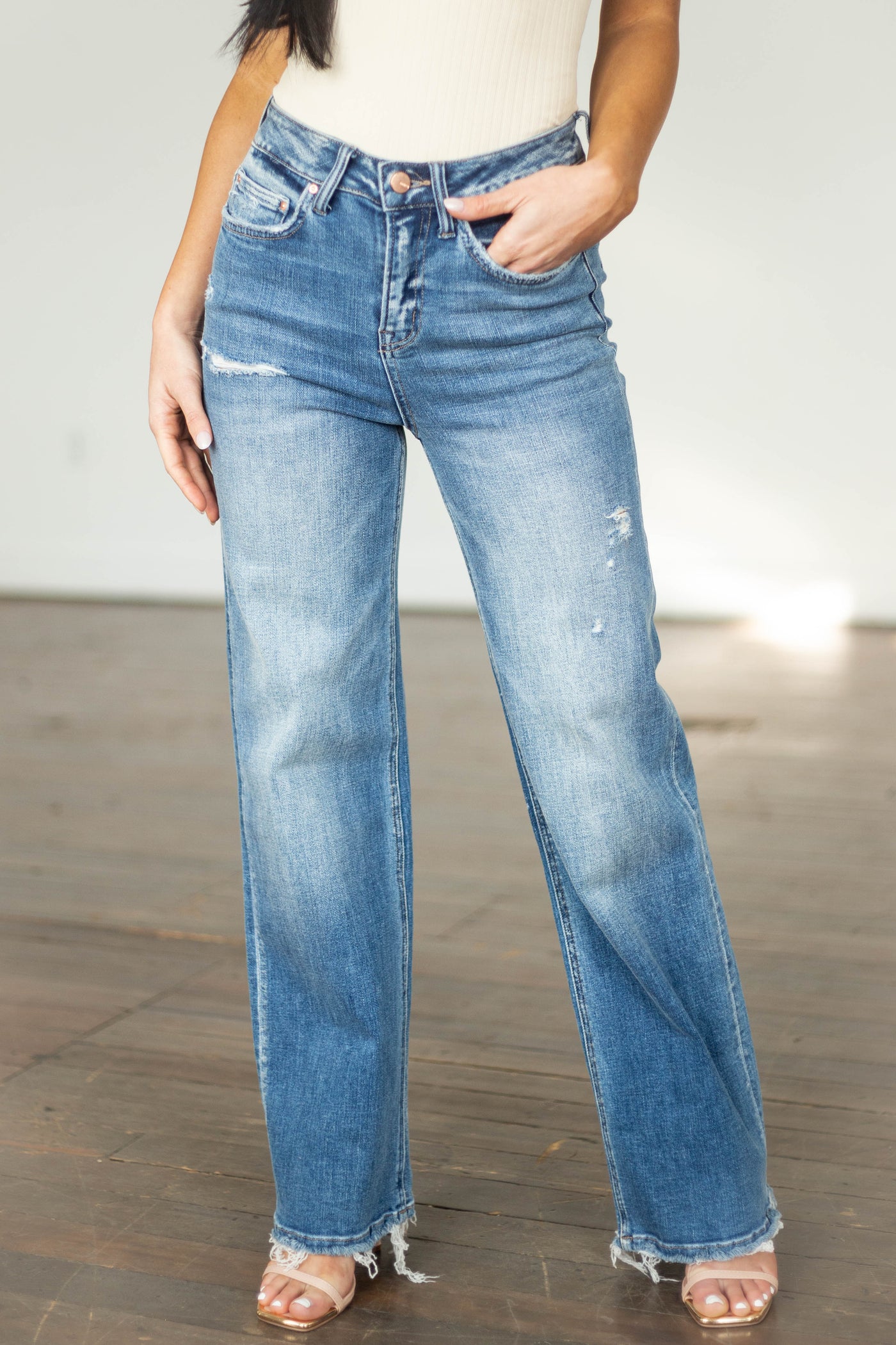 Medium Wash High Rise Wide Leg Distressed Jeans