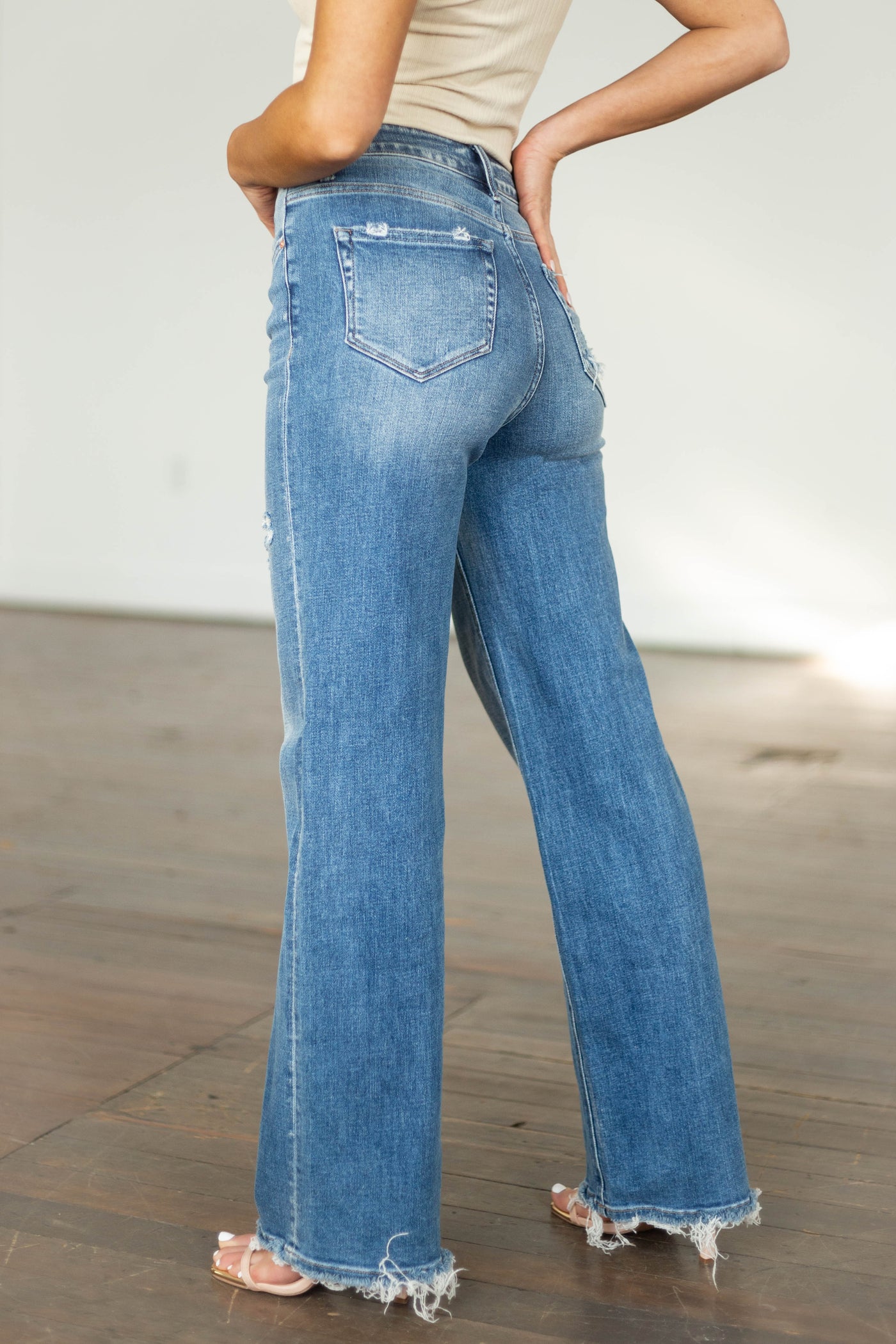 Medium Wash High Rise Wide Leg Distressed Jeans