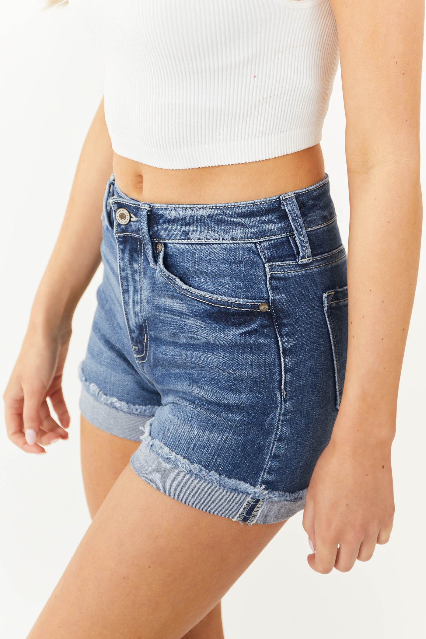 Medium Wash High Waisted Denim Shorts with Distressed Detail