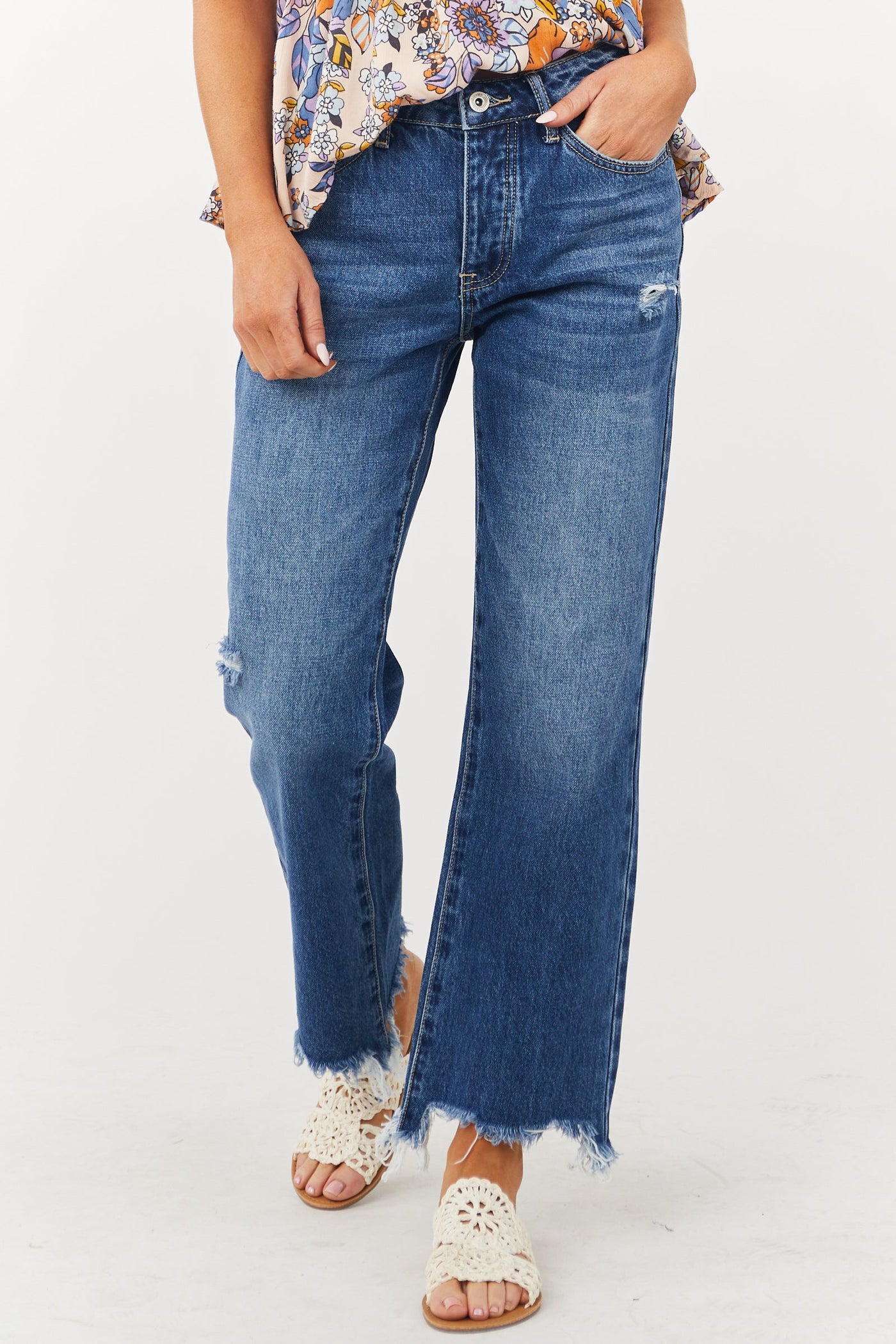 Medium Wash Mid Rise Button Fly Distressed Jeans