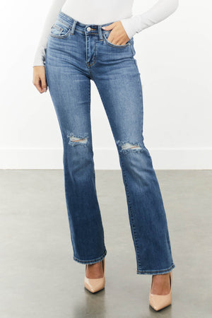 Medium Wash Mid Rise Distressed Knee Jeans
