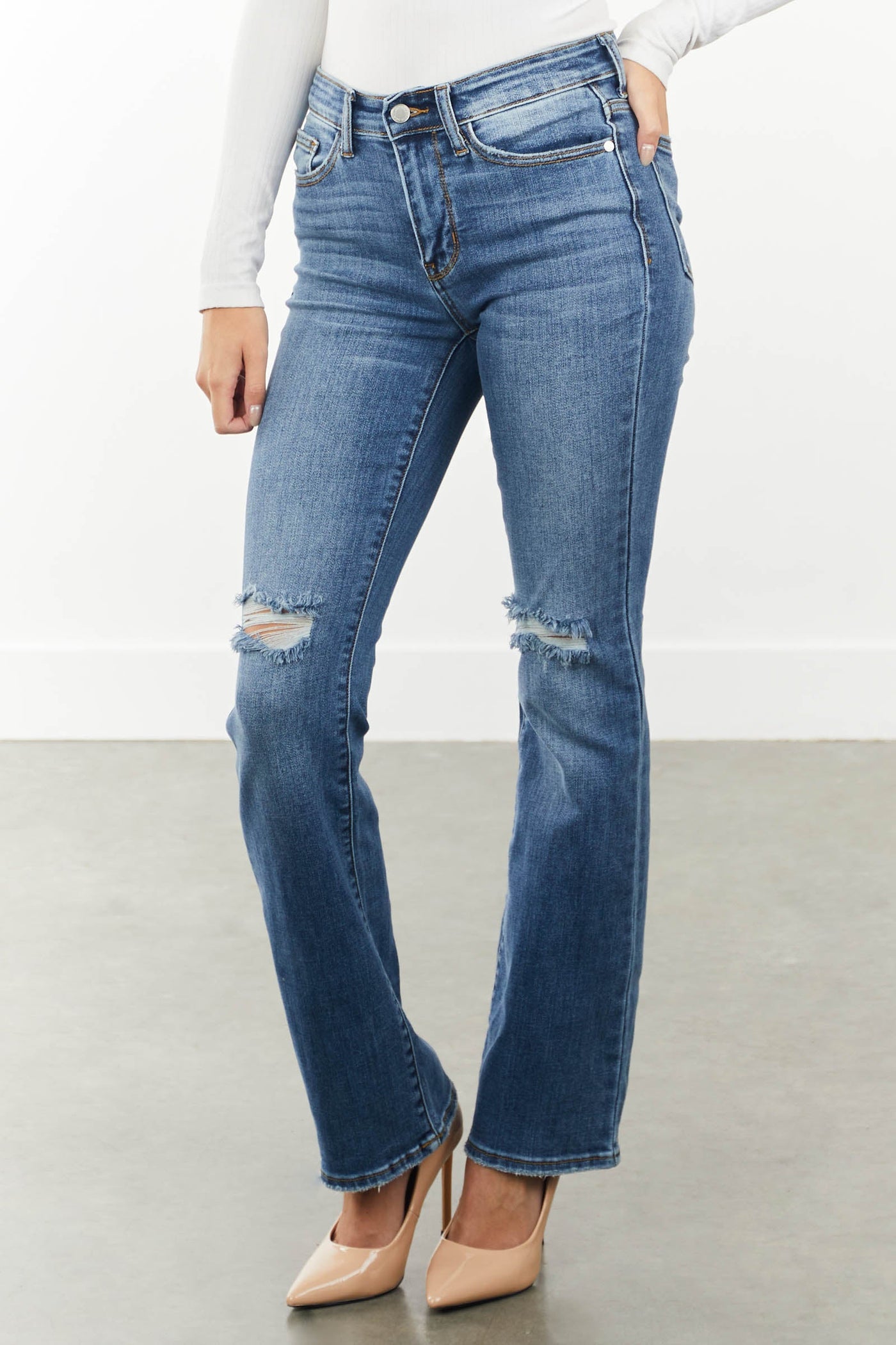 Medium Wash Mid Rise Distressed Knee Jeans