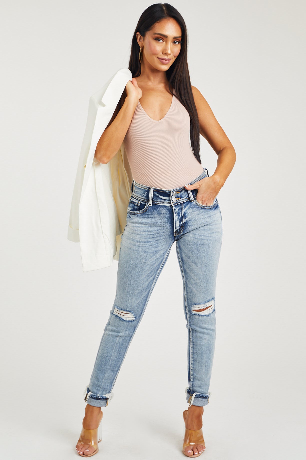 Medium Wash Mid Rise Distressed Knee Skinny Jeans