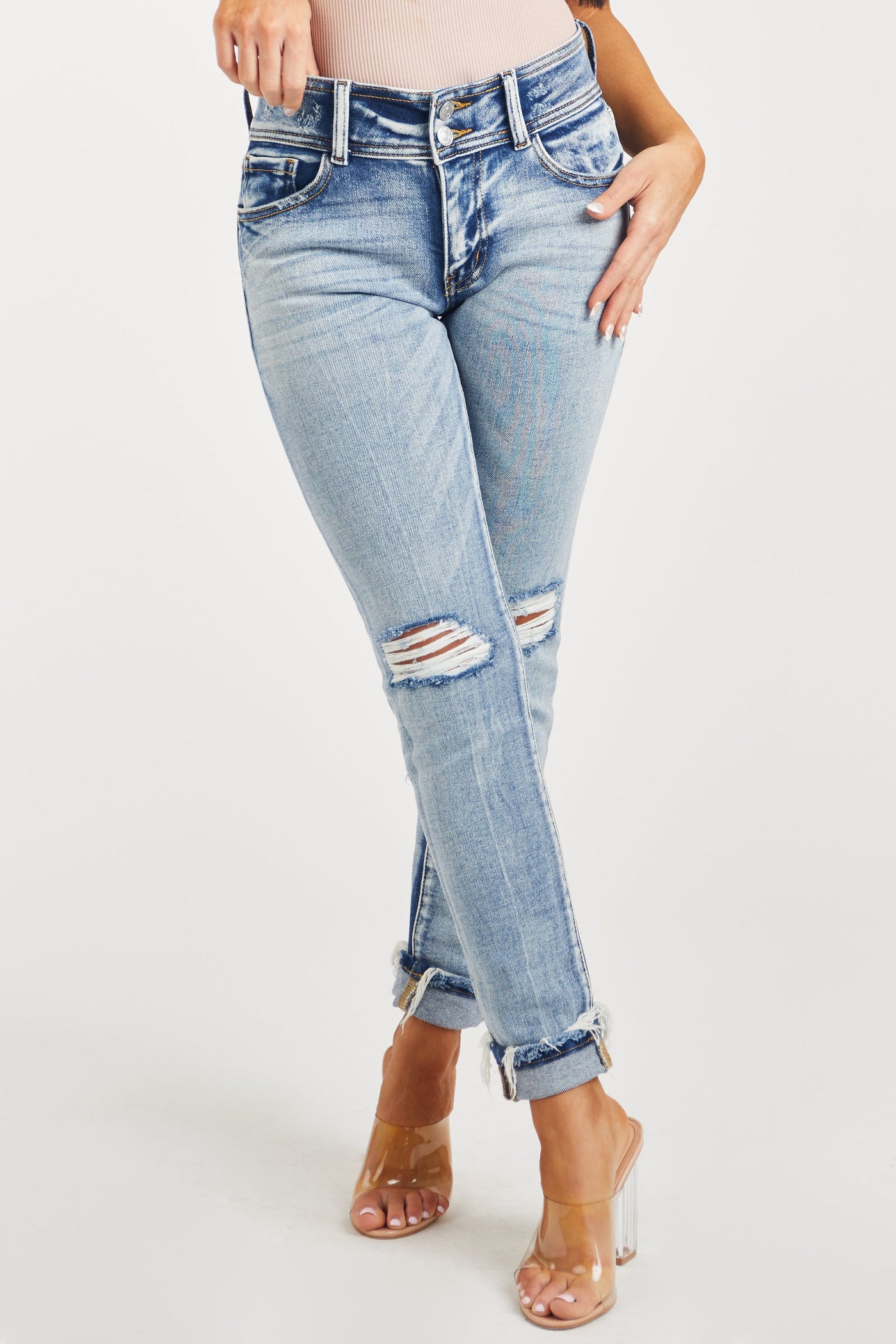 Medium Wash Mid Rise Distressed Knee Skinny Jeans
