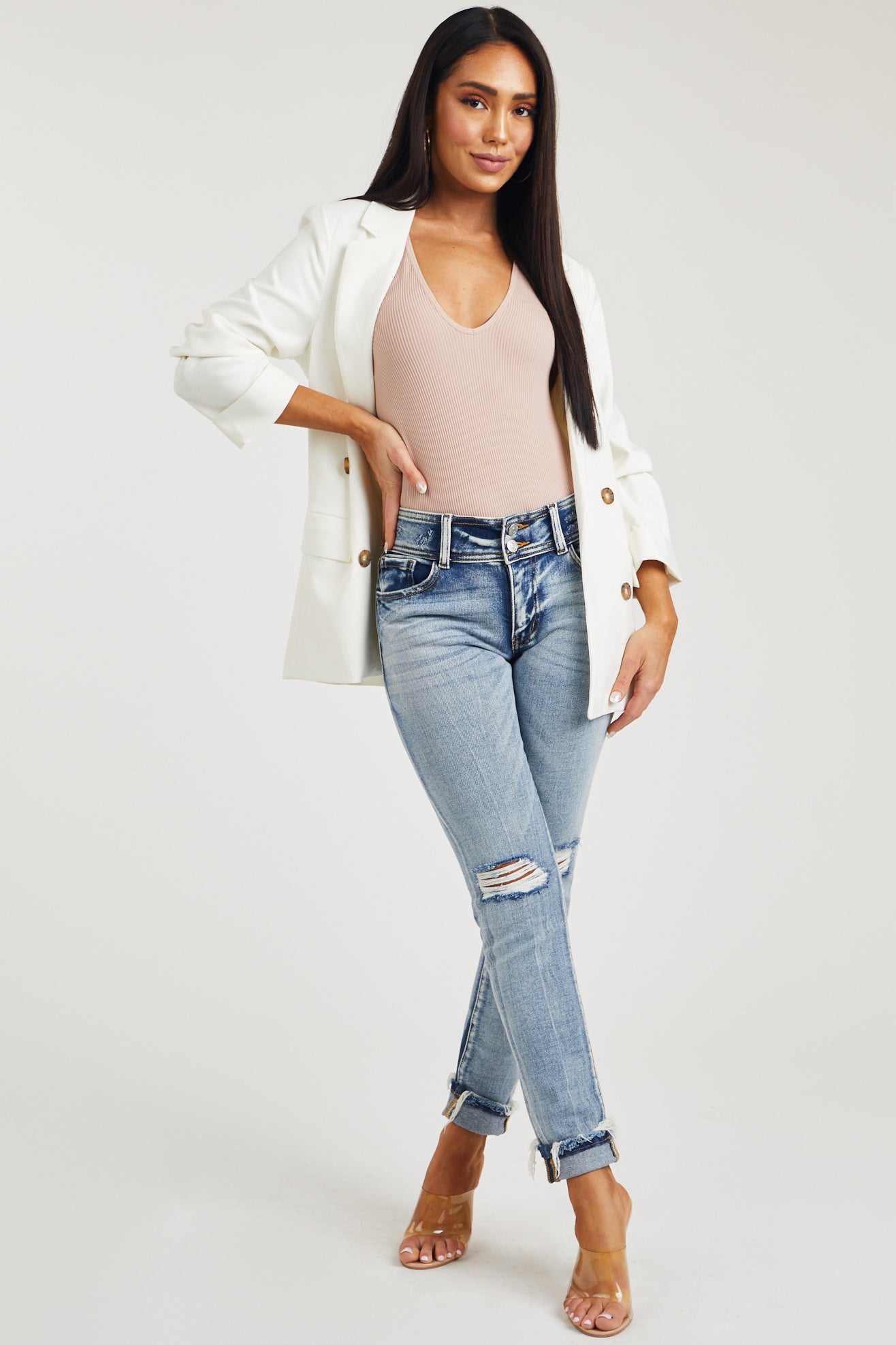 Medium Wash Mid Rise Distressed Knee Skinny Jeans