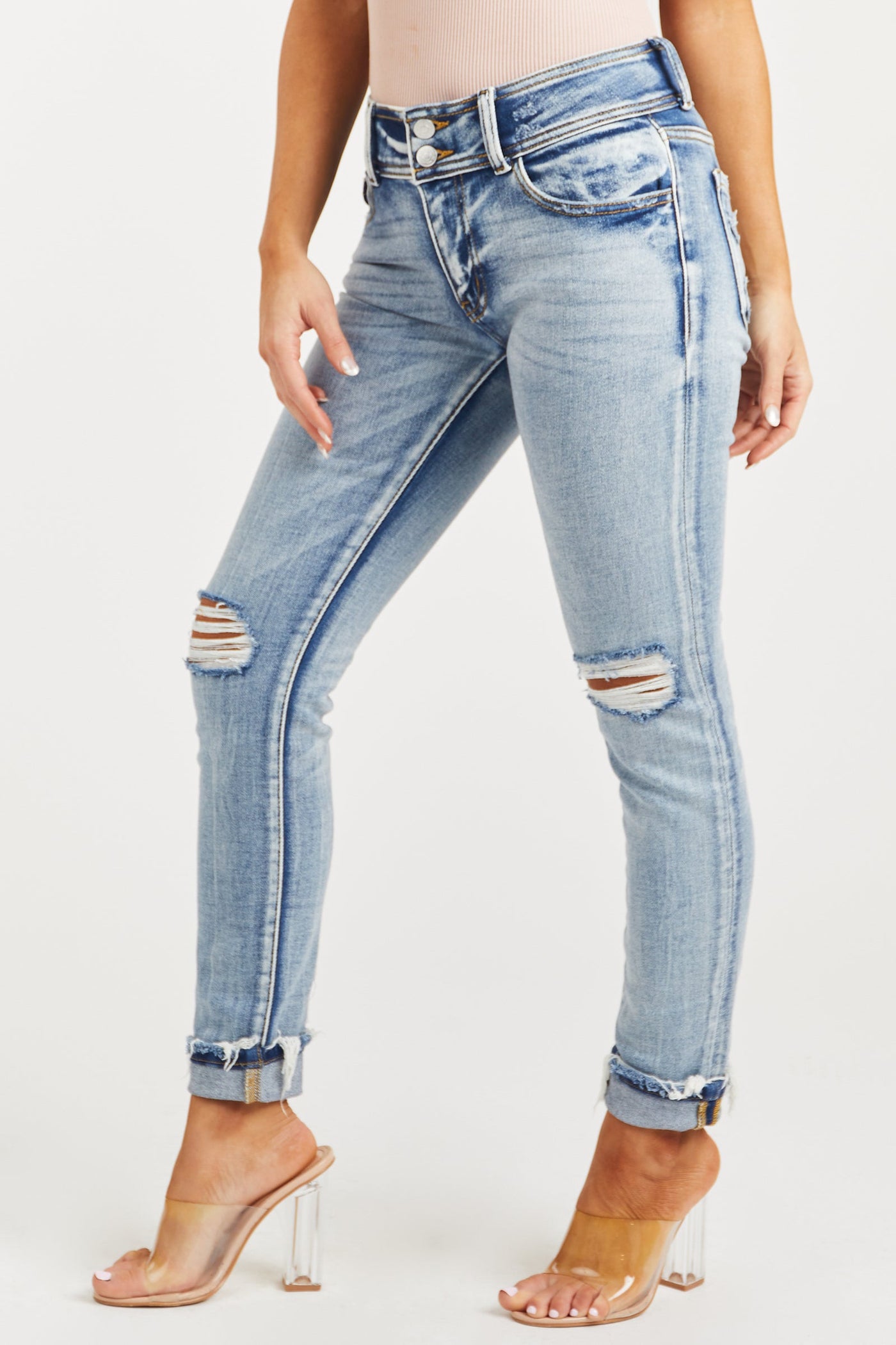 Medium Wash Mid Rise Distressed Knee Skinny Jeans