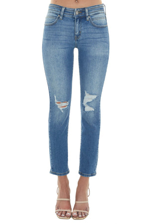 Medium Wash Mid Rise Distressed Straight Jeans