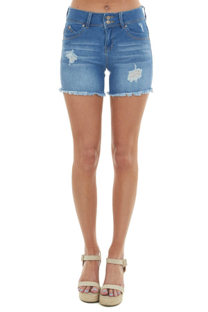 Medium Wash Mid Rise Double Button Denim Shorts