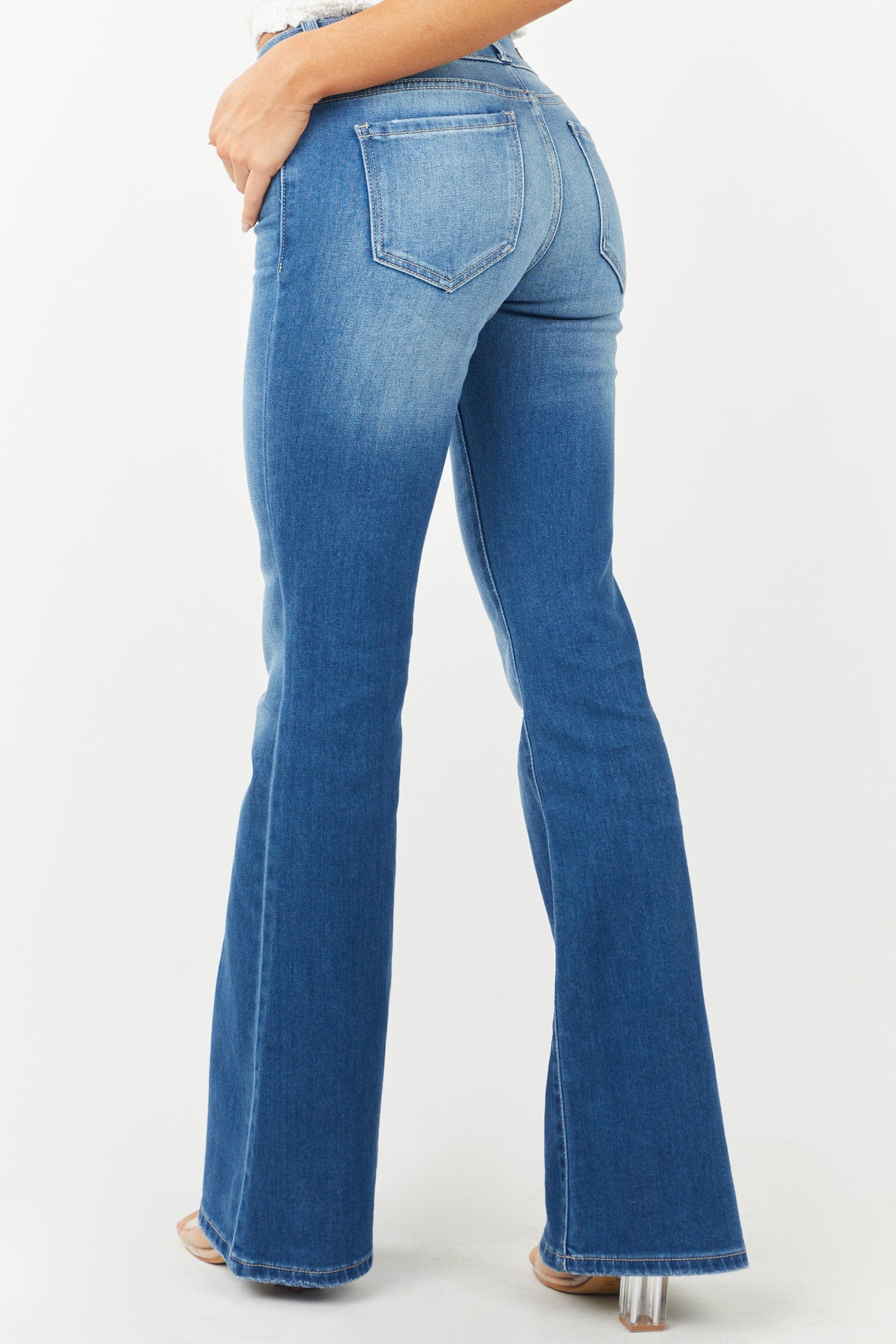 Medium Wash Mid Rise Double Button Flare Jeans
