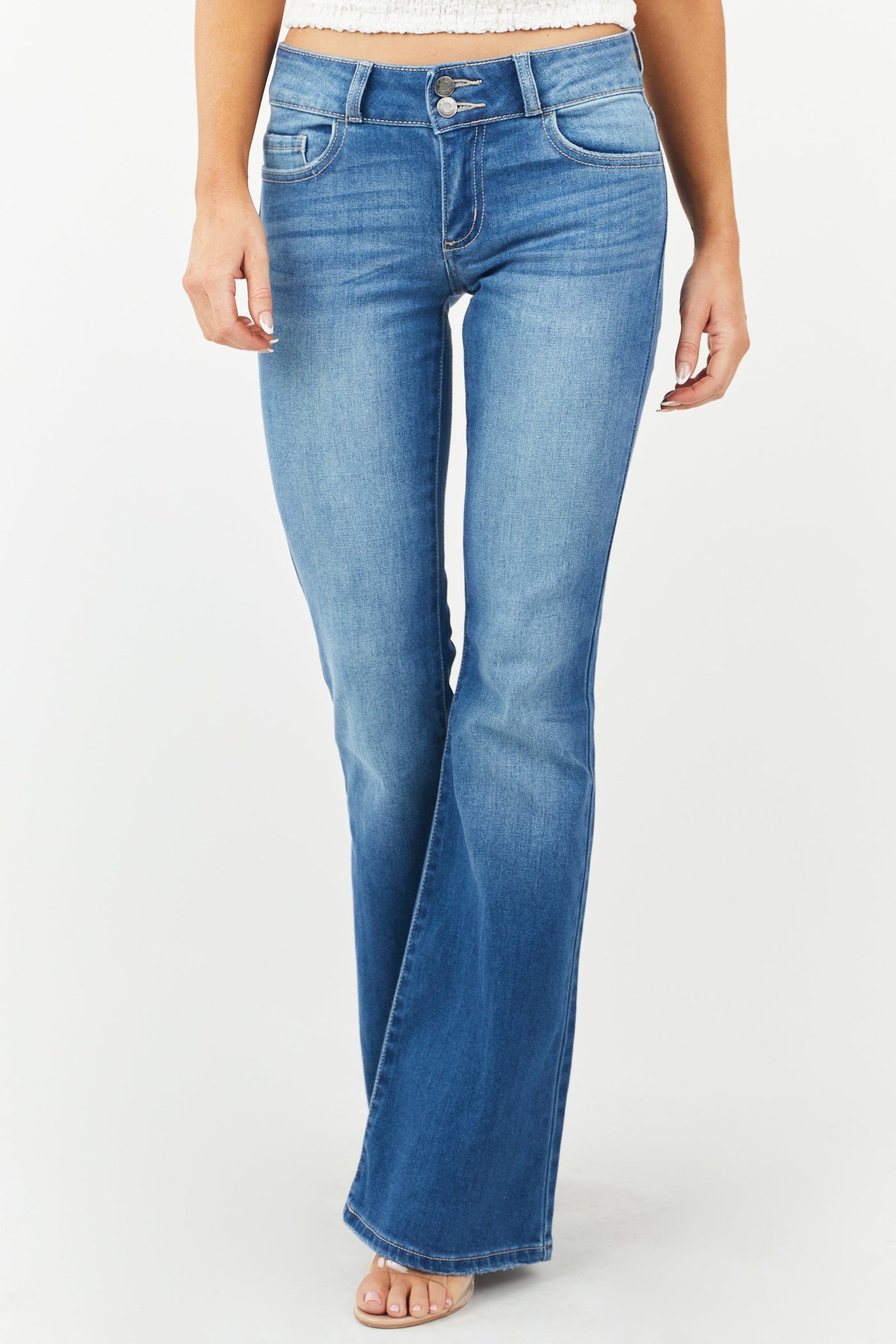 Medium Wash Mid Rise Double Button Flare Jeans