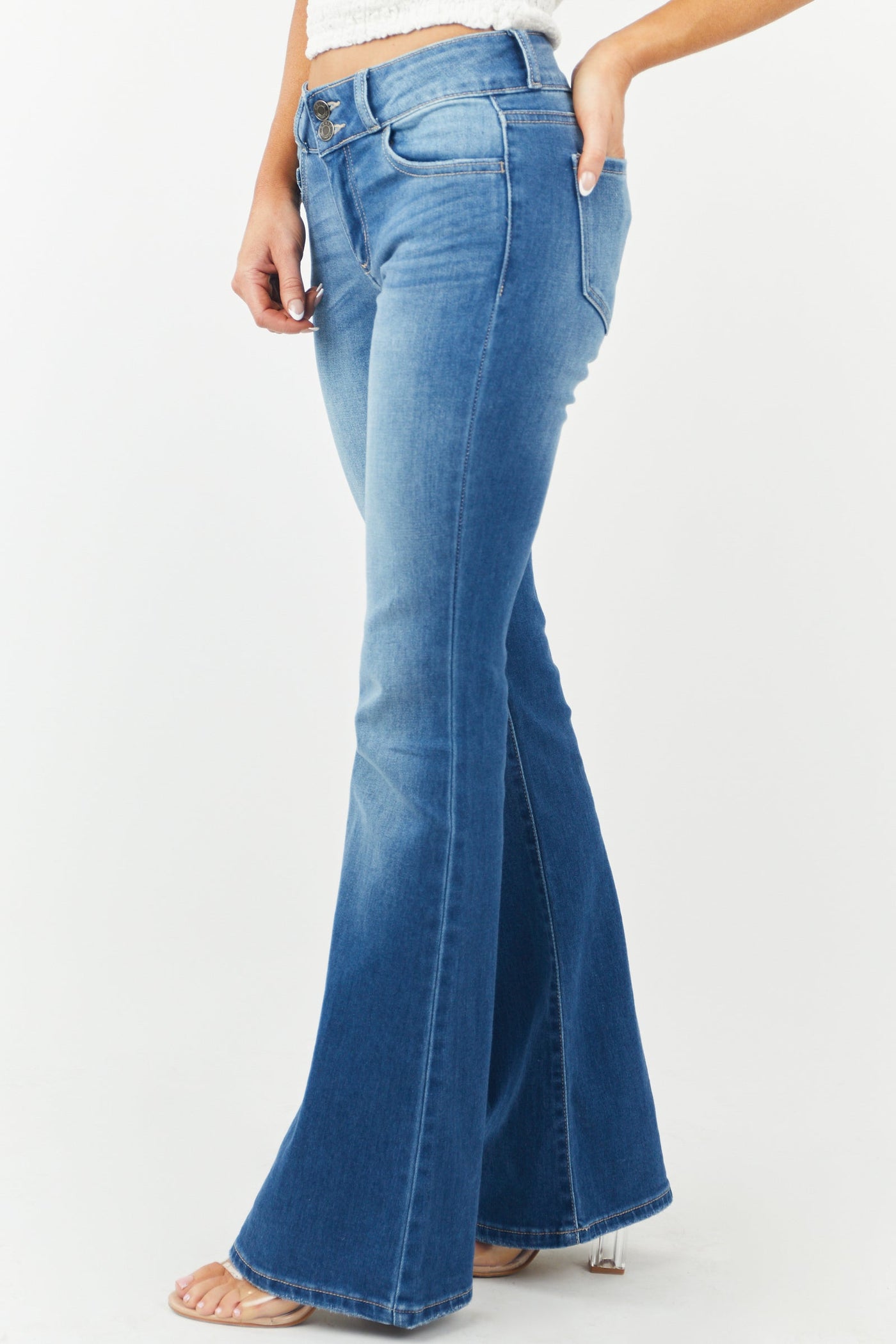 Medium Wash Mid Rise Double Button Flare Jeans