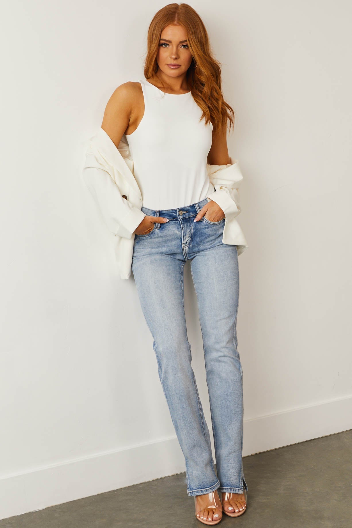 Medium Wash Mid Rise Straight Leg Side Slit Jeans