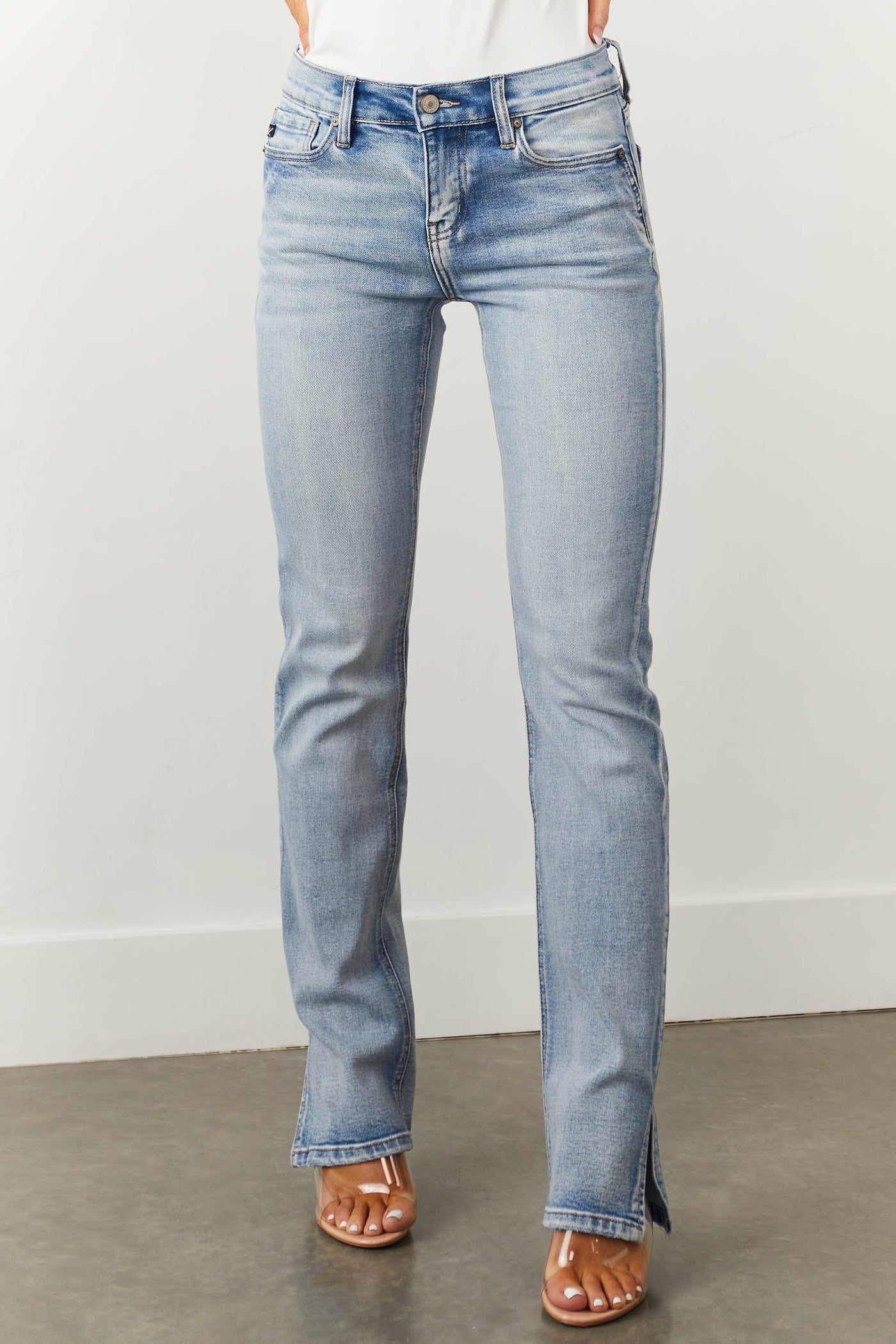 Medium Wash Mid Rise Straight Leg Side Slit Jeans