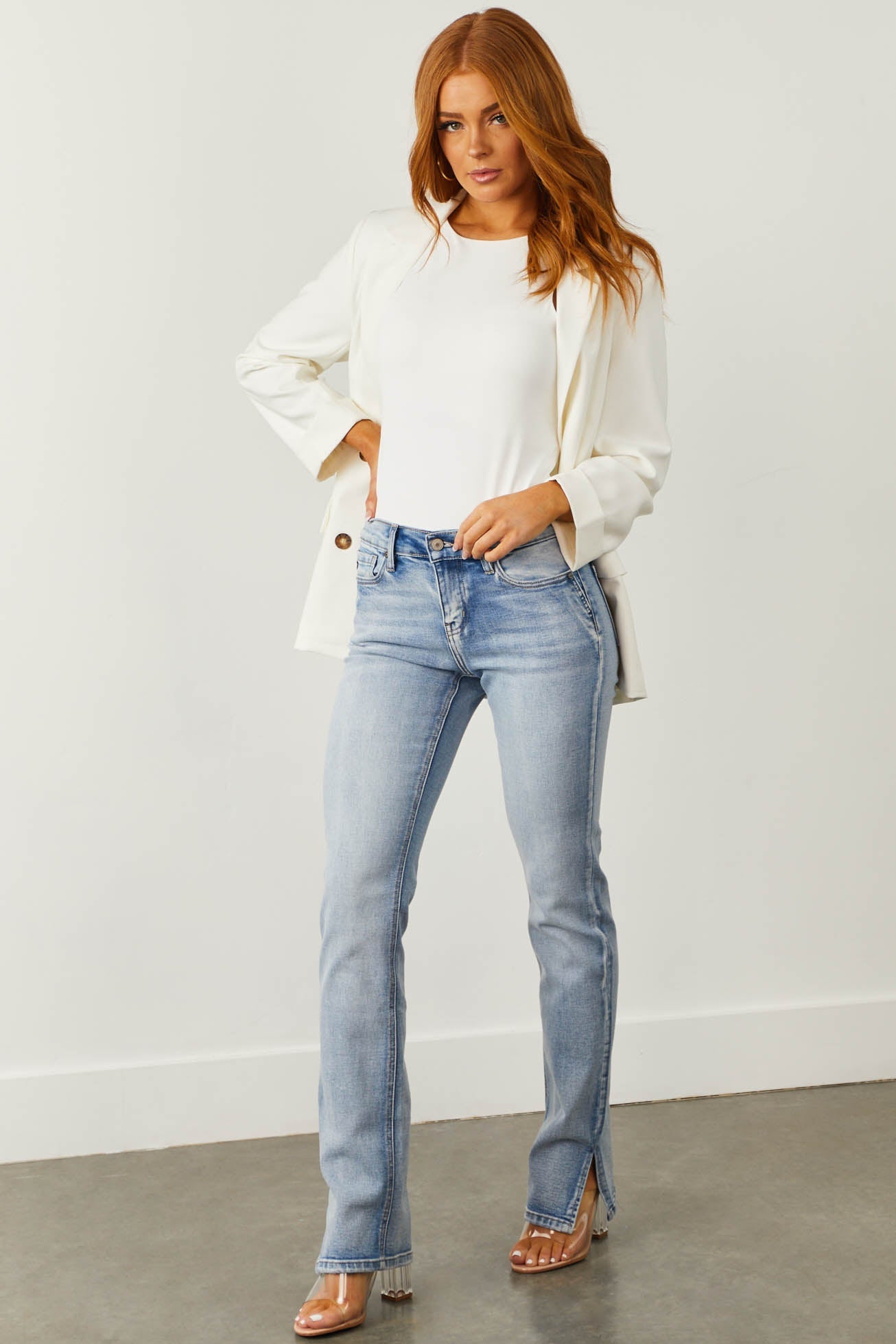 Medium Wash Mid Rise Straight Leg Side Slit Jeans