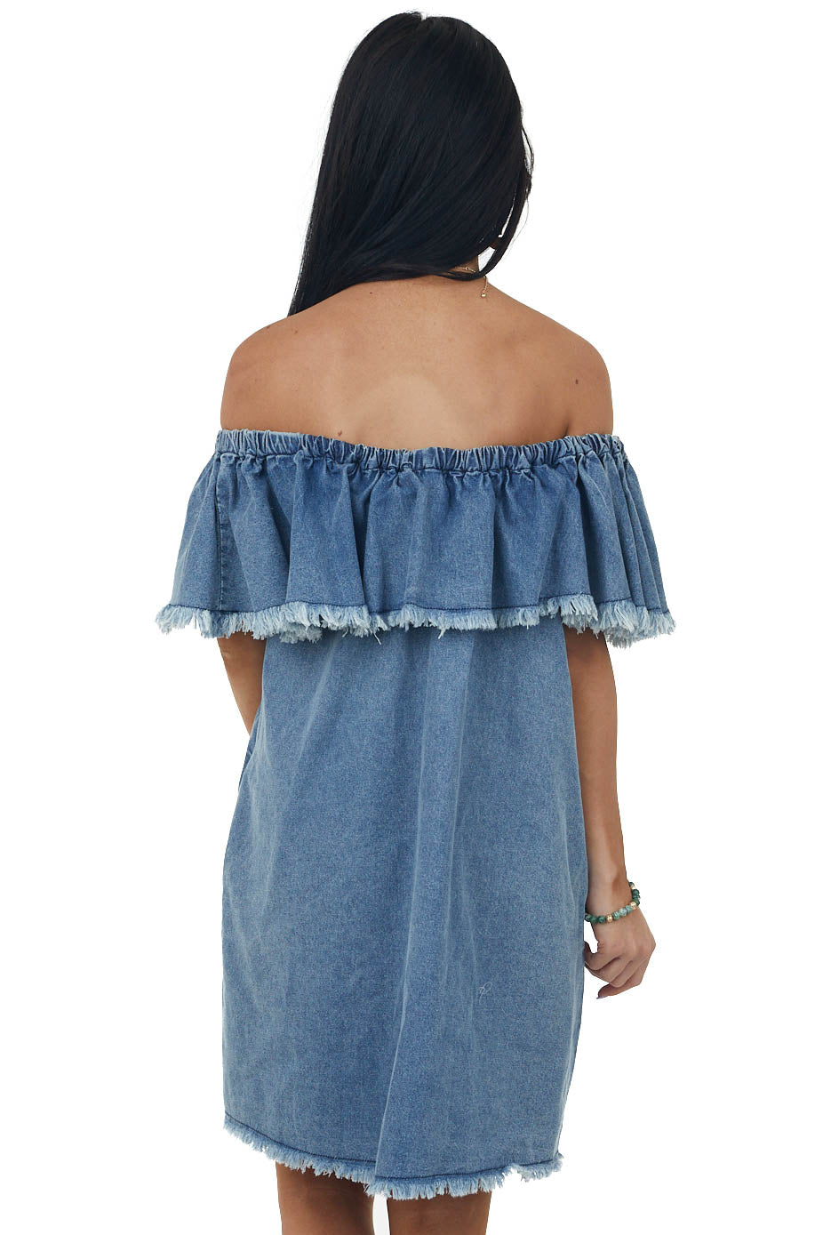 Medium Wash Off Shoulder Overlay Denim Dress