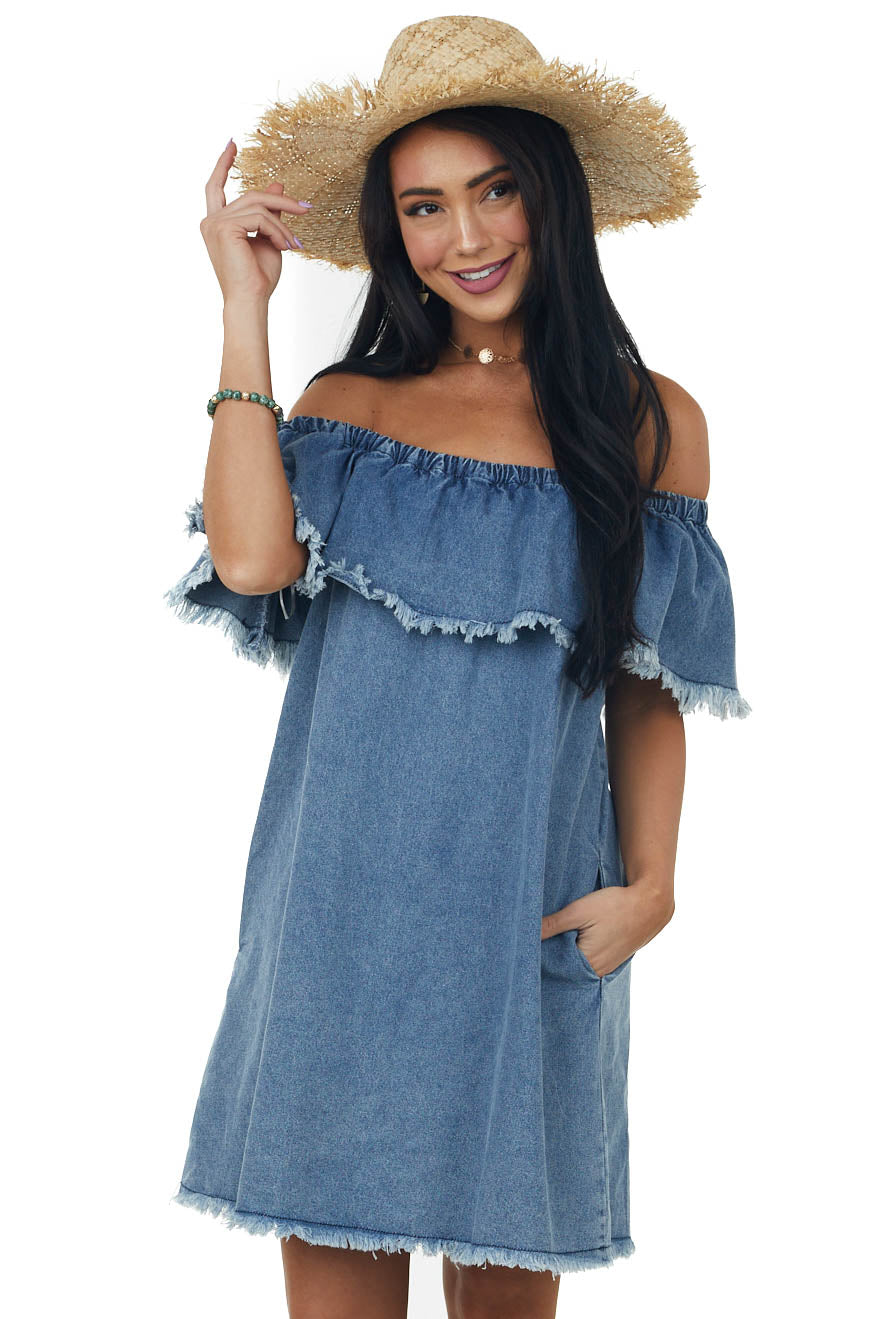 Medium Wash Off Shoulder Overlay Denim Dress