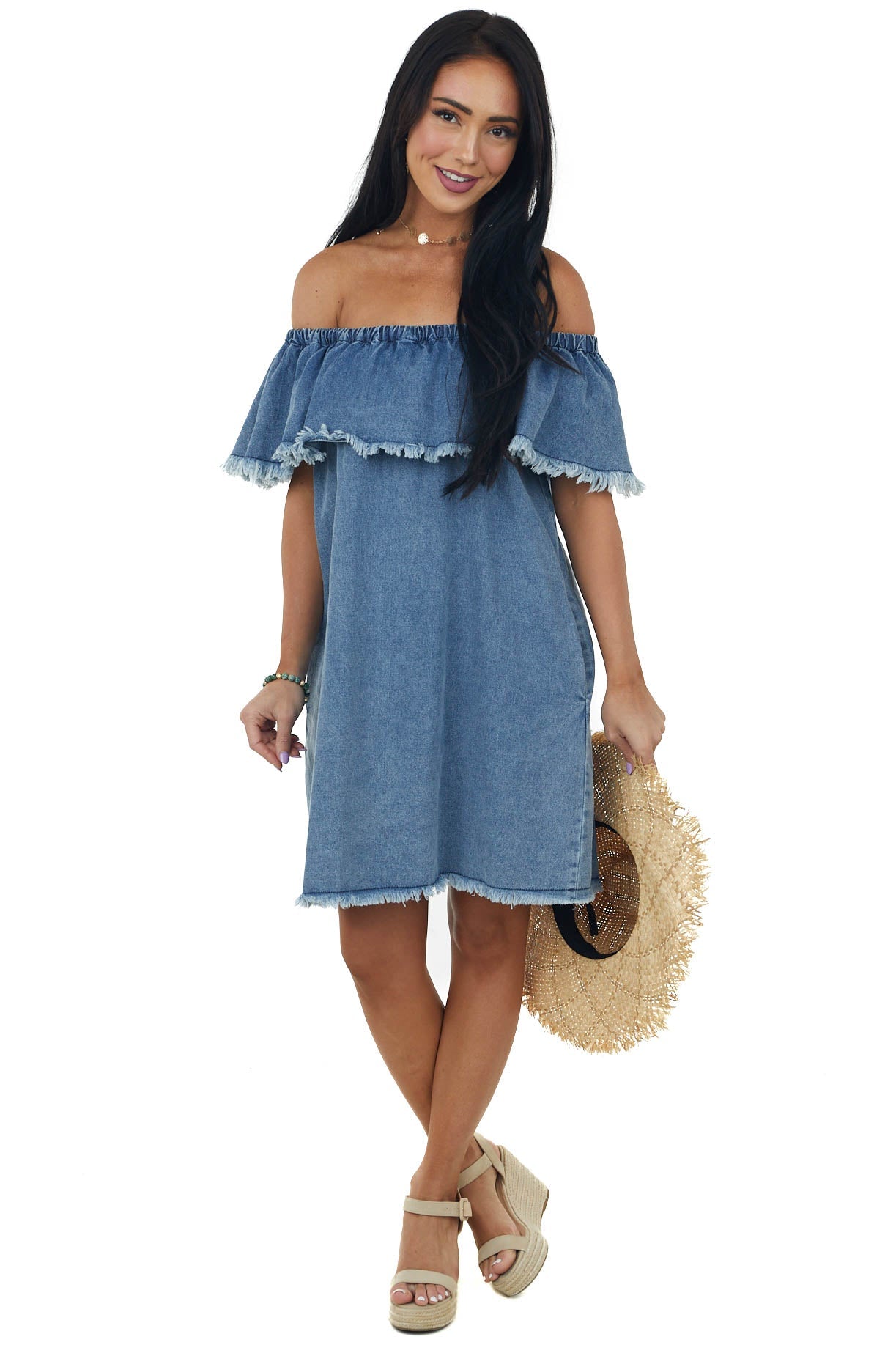 Medium Wash Off Shoulder Overlay Denim Dress
