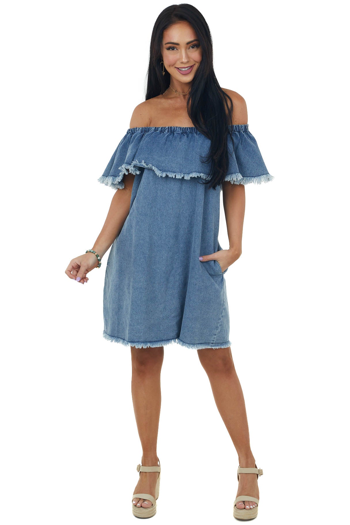 Medium Wash Off Shoulder Overlay Denim Dress