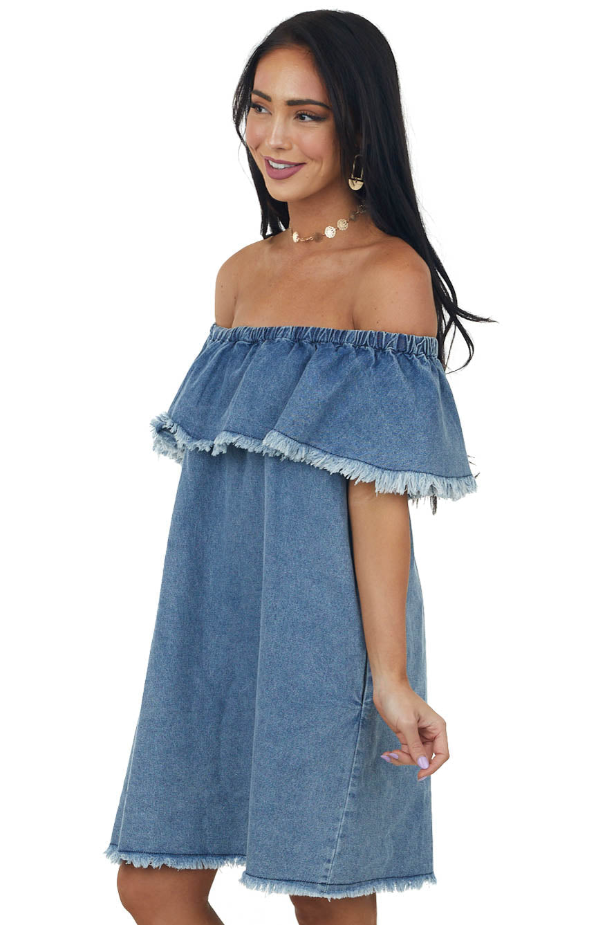 Medium Wash Off Shoulder Overlay Denim Dress