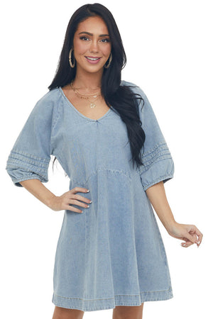 Medium Wash Pleated Puff Sleeve Denim Dress