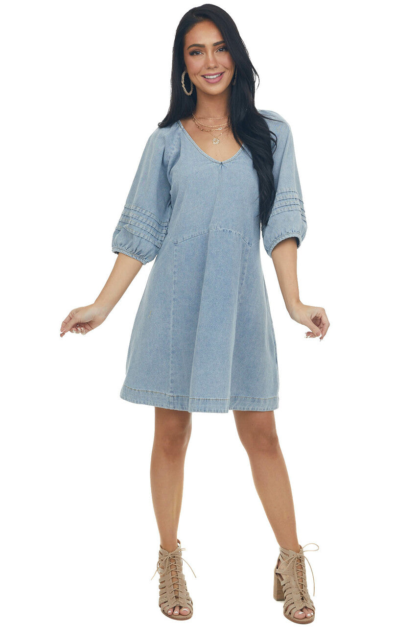 Medium Wash Pleated Puff Sleeve Denim Dress