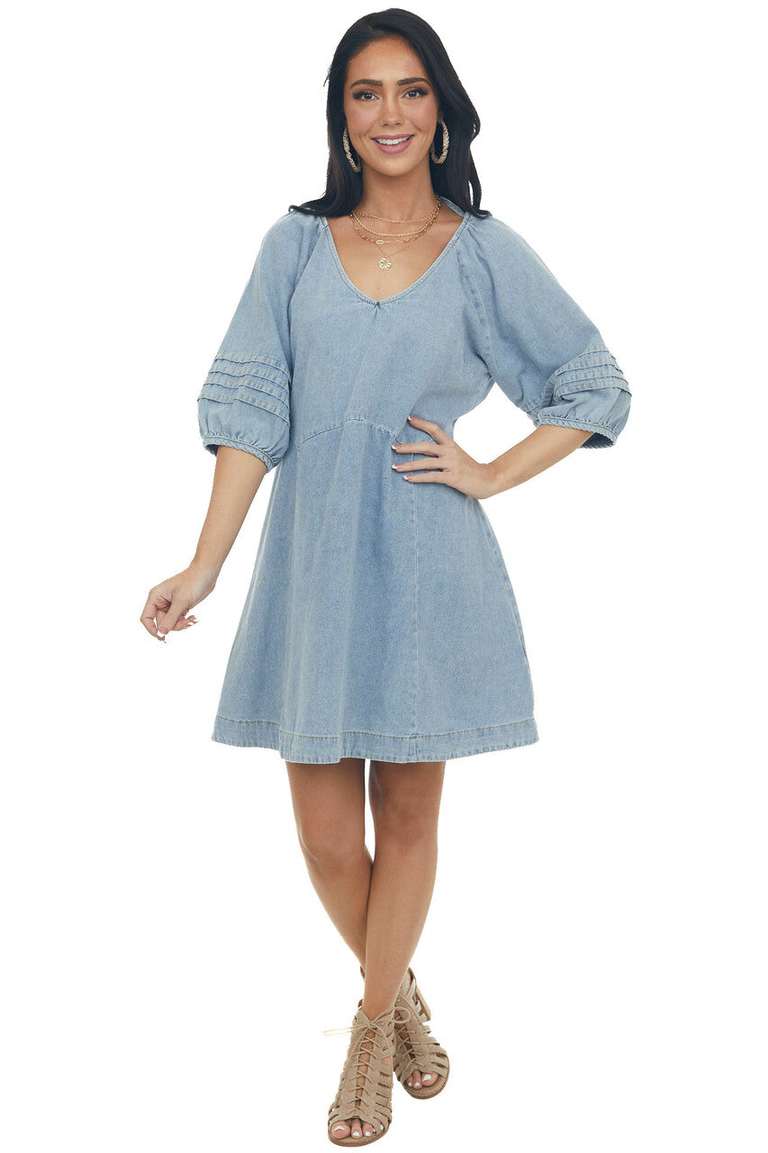 Medium Wash Pleated Puff Sleeve Denim Dress