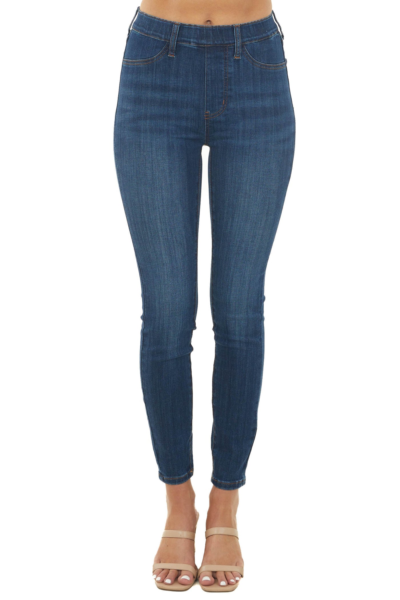 Medium Wash Pull On Skinny Jeans with Faux Pockets