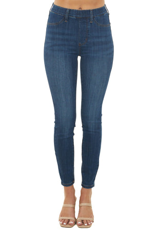 Medium Wash Pull On Skinny Jeans with Faux Pockets