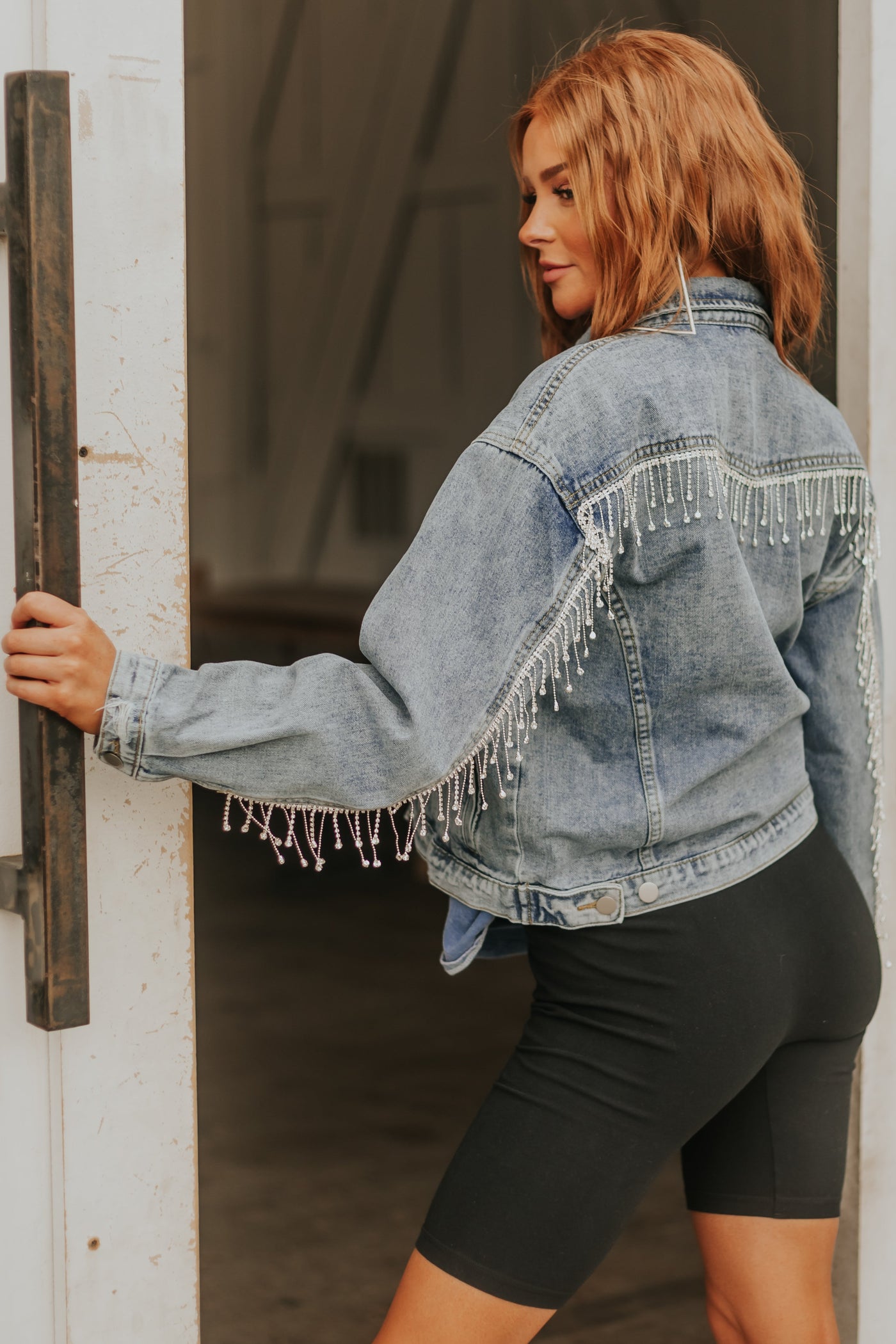 Medium Wash Silver Rhinestone Fringe Denim Jacket