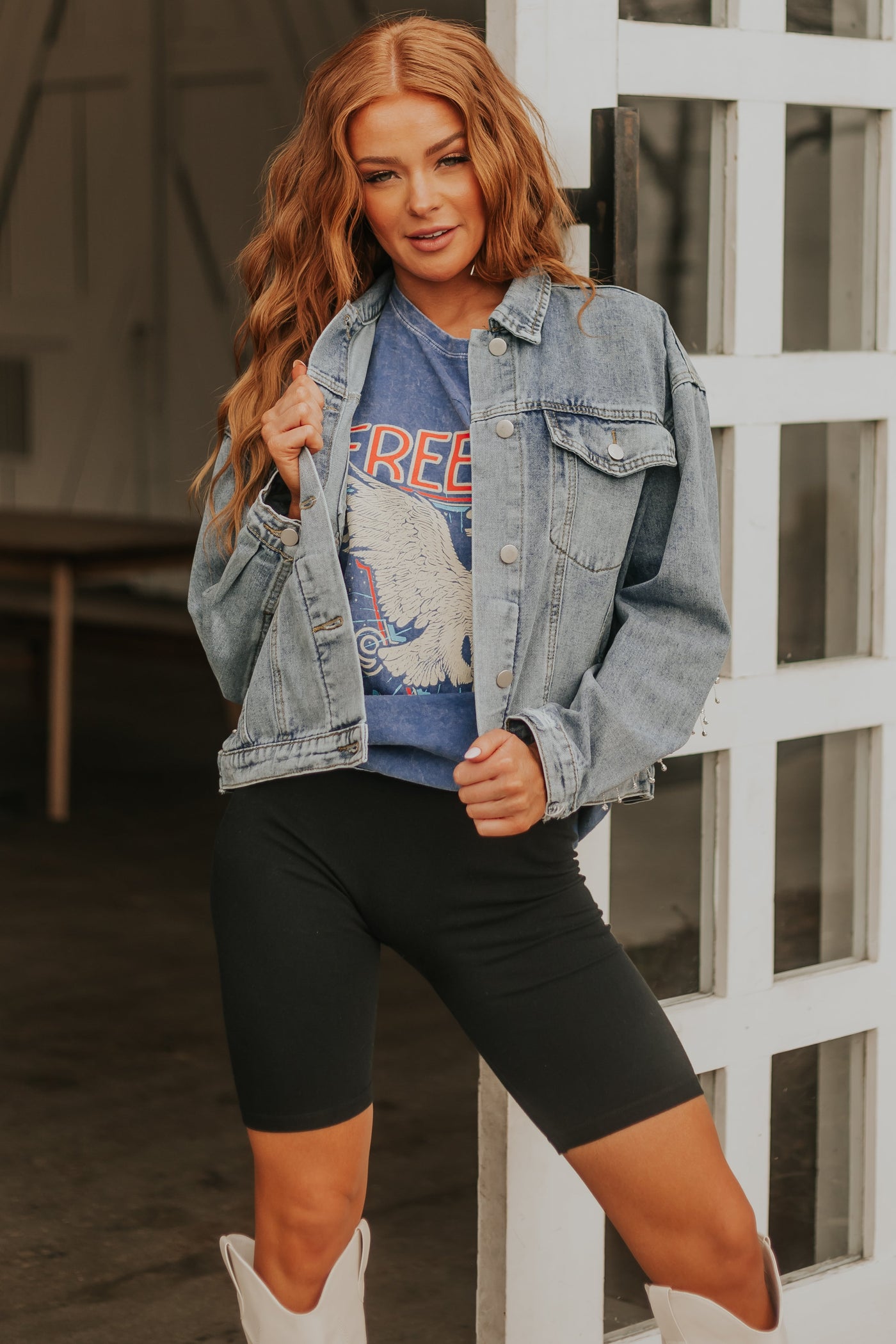 Medium Wash Silver Rhinestone Fringe Denim Jacket