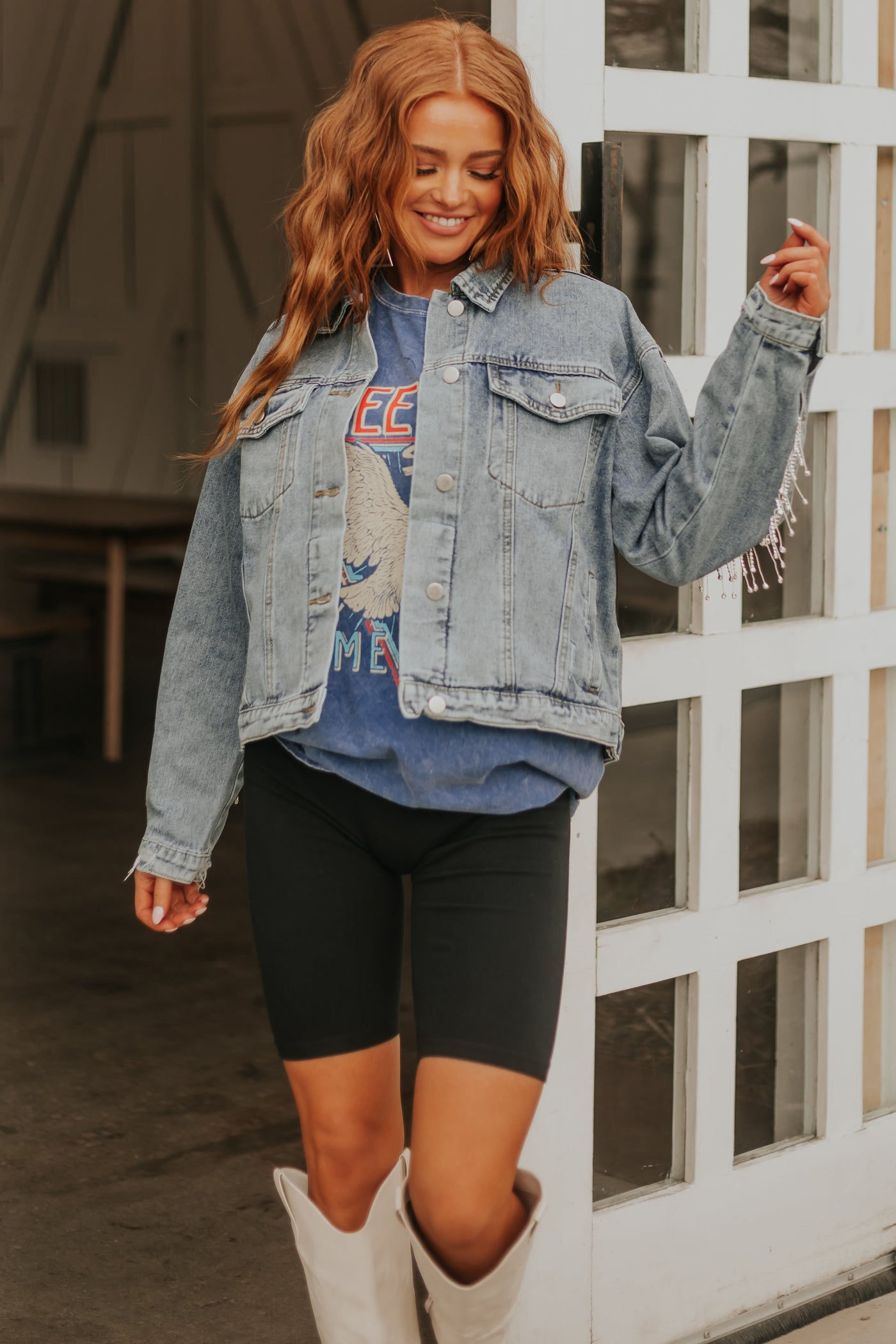 Medium Wash Silver Rhinestone Fringe Denim Jacket