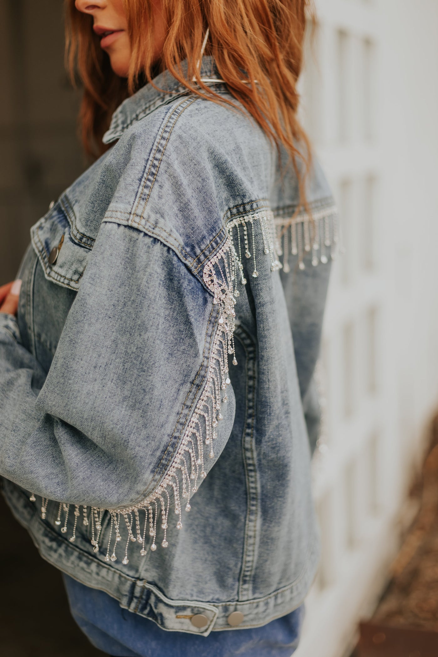Medium Wash Silver Rhinestone Fringe Denim Jacket